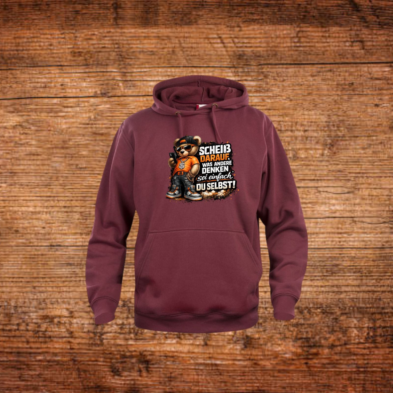 Burgunderfarbene Hoodie mit Bären-Frontprint, Kängurutasche und Kapuze mit Kordel