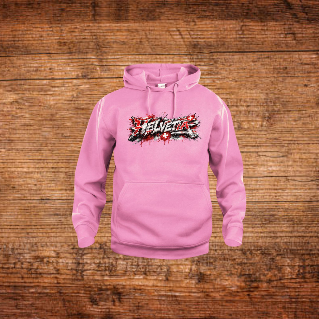 Rosa Kapuzenpullover mit Helvetia-Graffiti-Print, Kängurutasche und Kordelzug