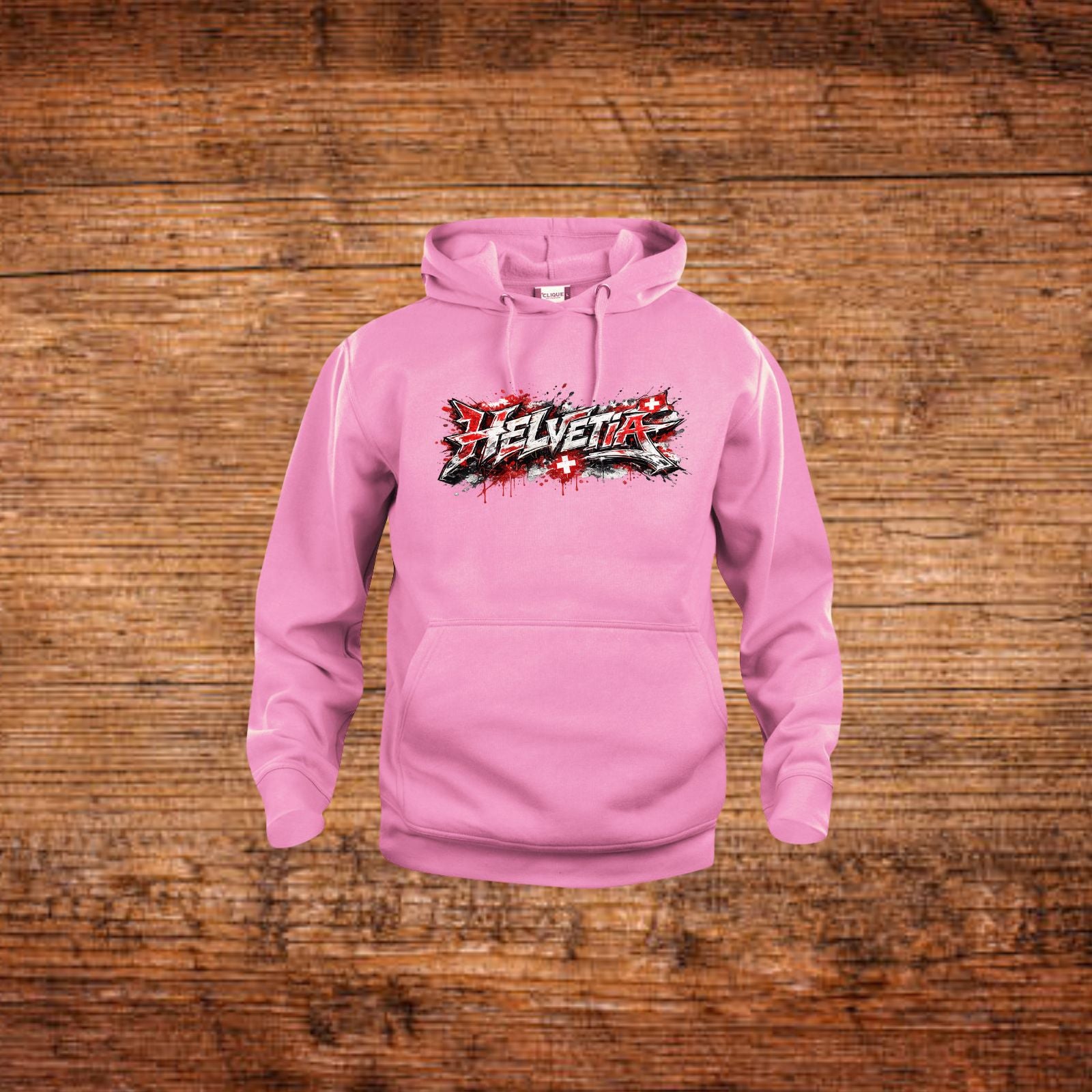 Rosa Kapuzenpullover mit Helvetia-Graffiti-Print, Kängurutasche und Kordelzug