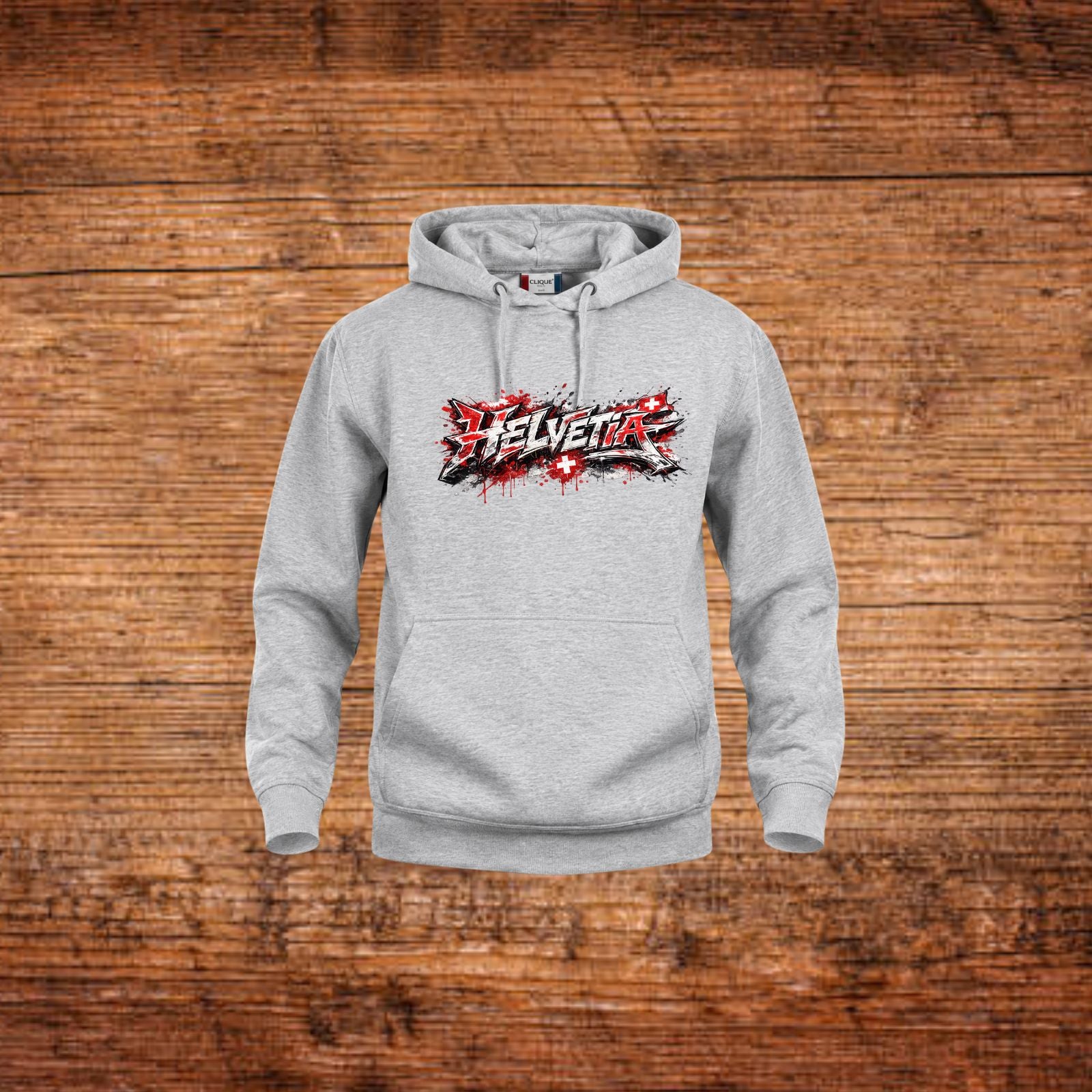Grau Kapuzenpullover mit Helvetia-Graffiti-Print, Kängurutasche und Kordelzug