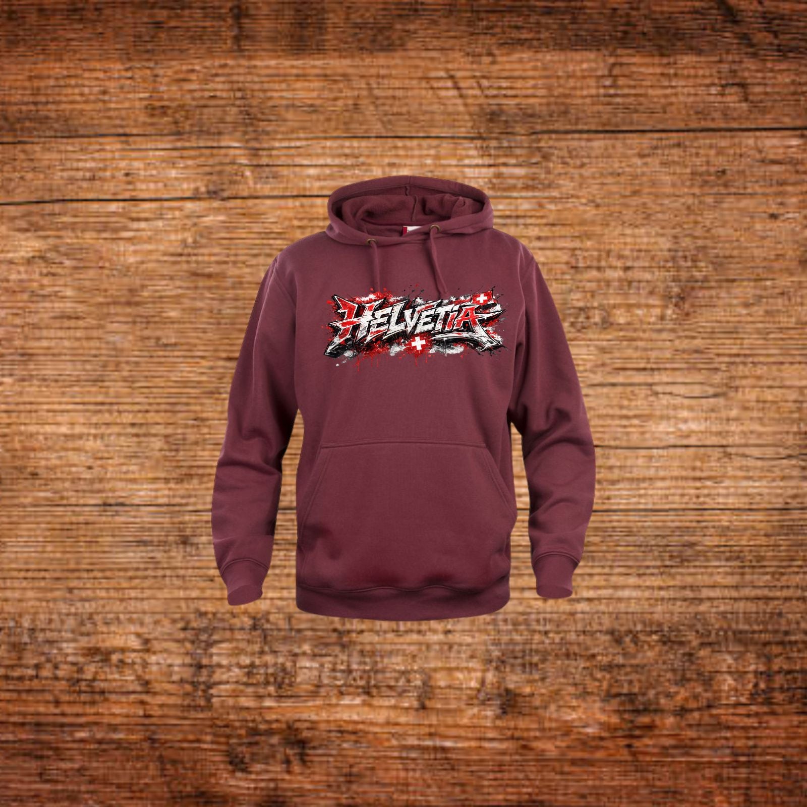 Bordeauxroter Kapuzenpullover mit Helvetia-Graffiti-Print, Kängurutasche und Kordelzug