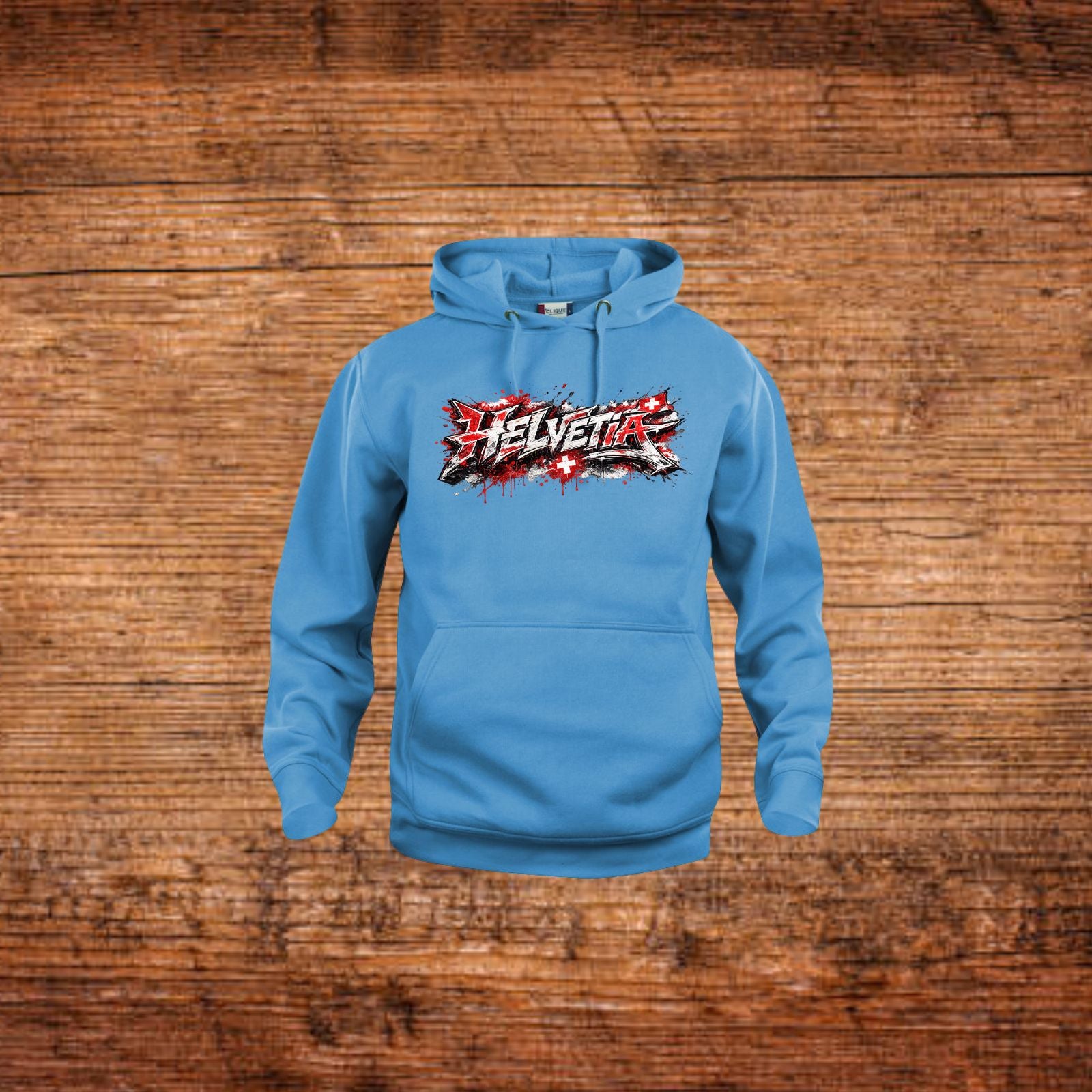 Hellblauer Kapuzenpullover mit Helvetia-Graffiti-Print, Kängurutasche und Kordelzug