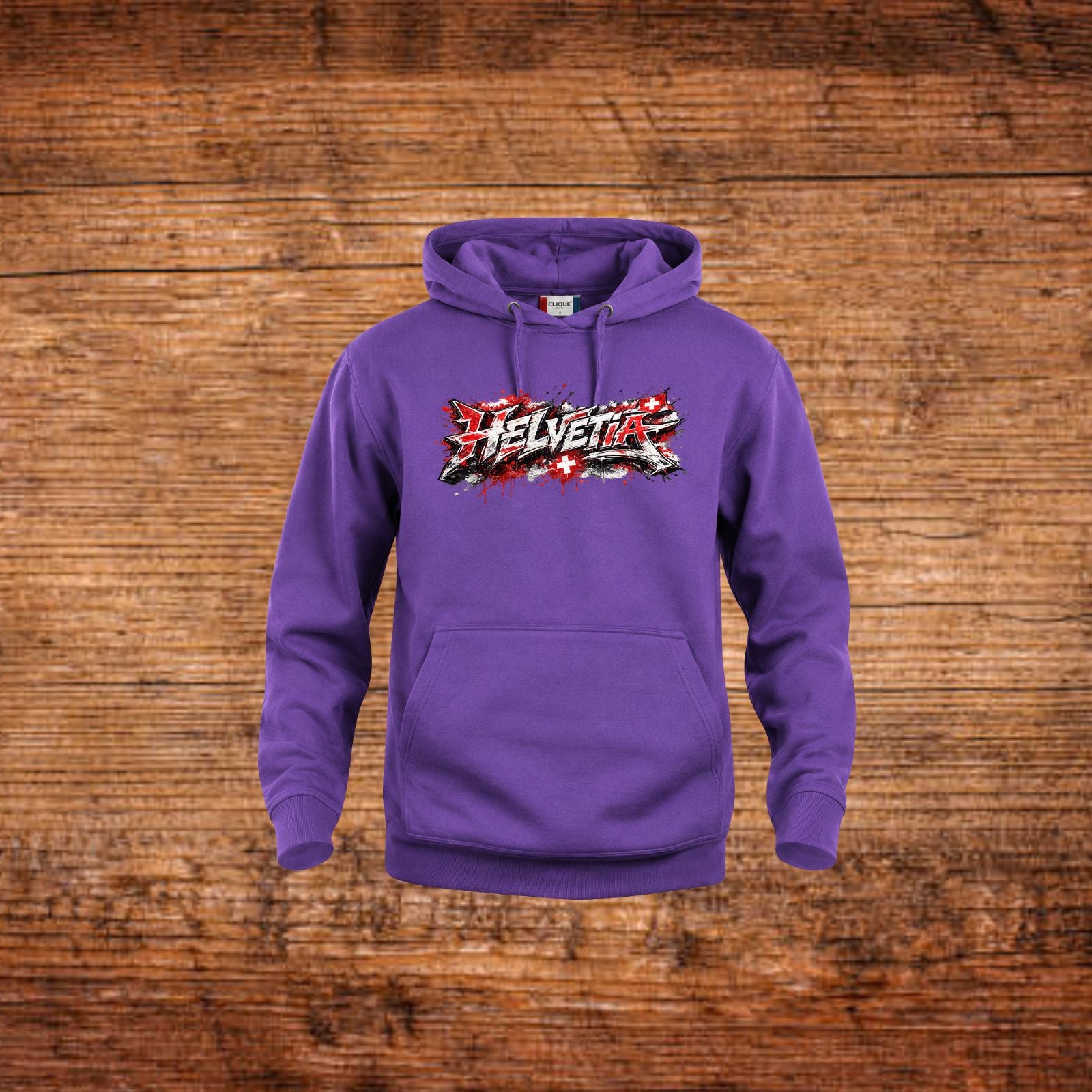 Lila Kapuzenpullover mit Helvetia-Graffiti-Print, Kängurutasche und Kordelzug