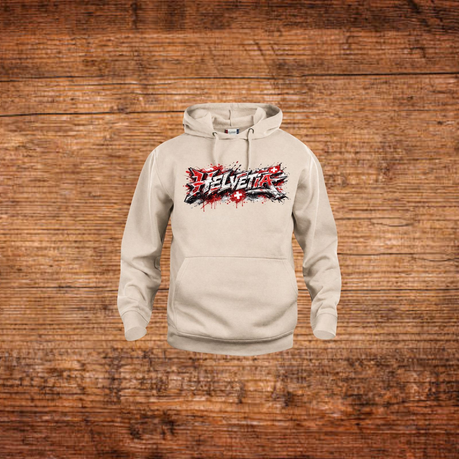 Beiger Kapuzenpullover mit Helvetia-Graffiti-Print, Kängurutasche und Kordelzug