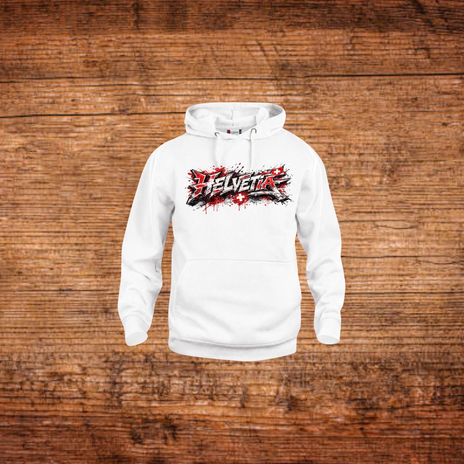 Weißer Kapuzenpullover mit Helvetia-Graffiti-Print, Kängurutasche und Kordelzug