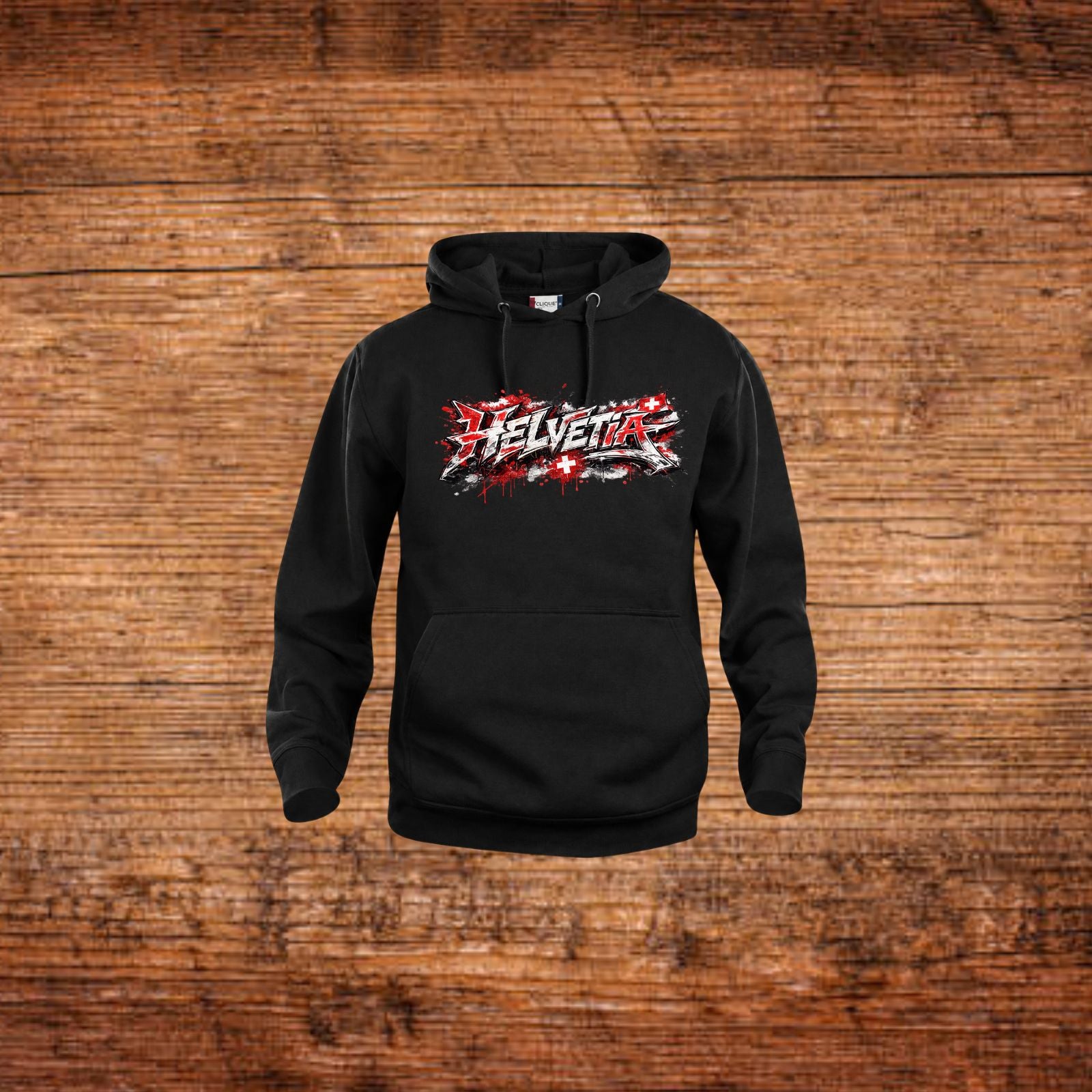 Schwarzer Kapuzenpullover mit Helvetia-Graffiti-Print, Kängurutasche und Kordelzug