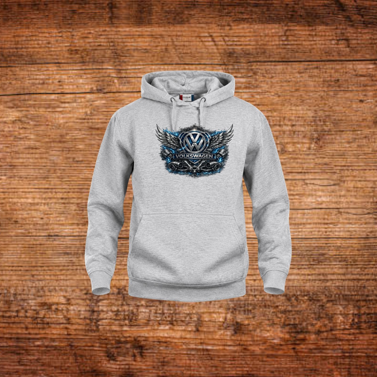 Grauer Kapuzenpullover mit Frontprint und Flügel-Wappen