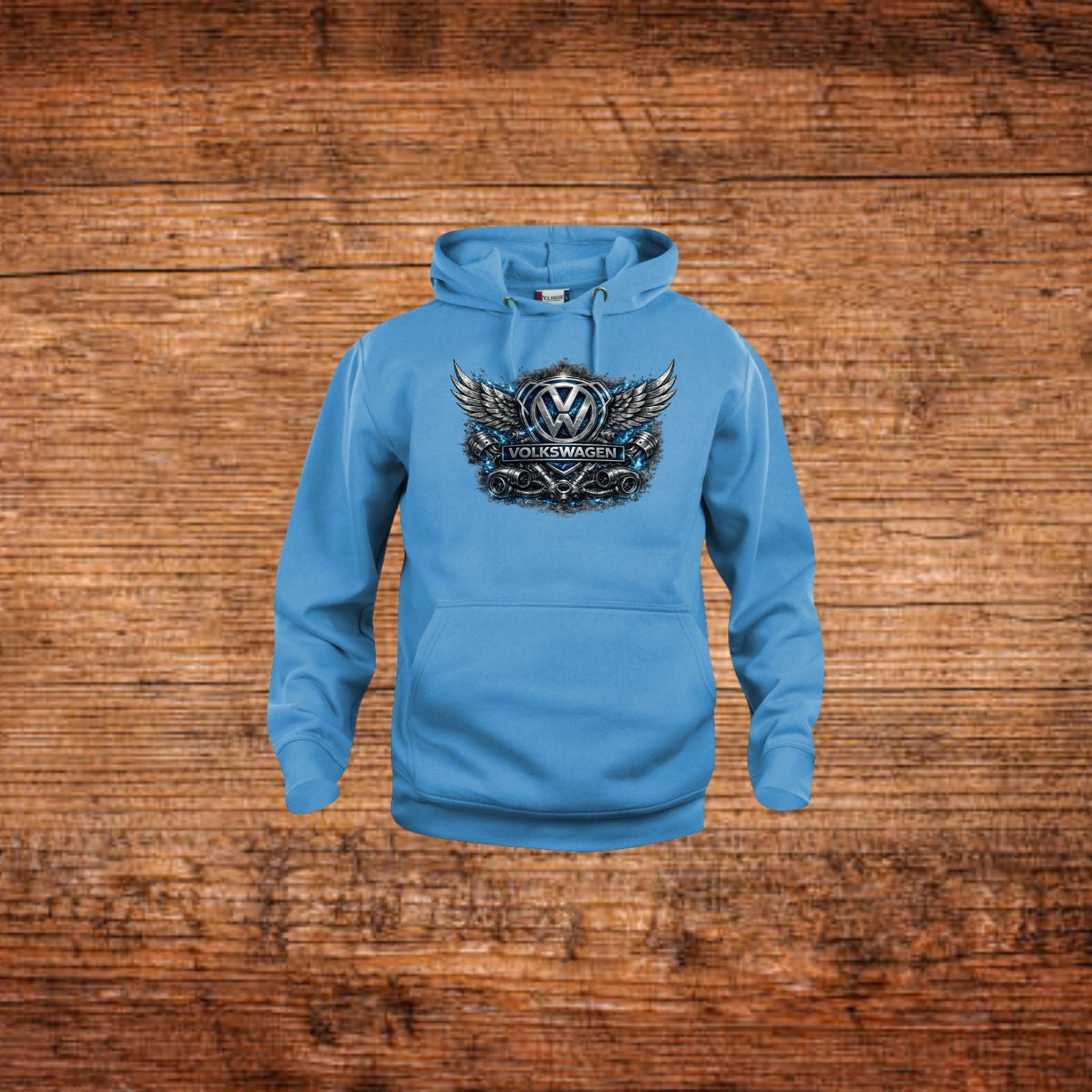 Blauer Kapuzenpullover mit Frontprint und Flügel-Wappen