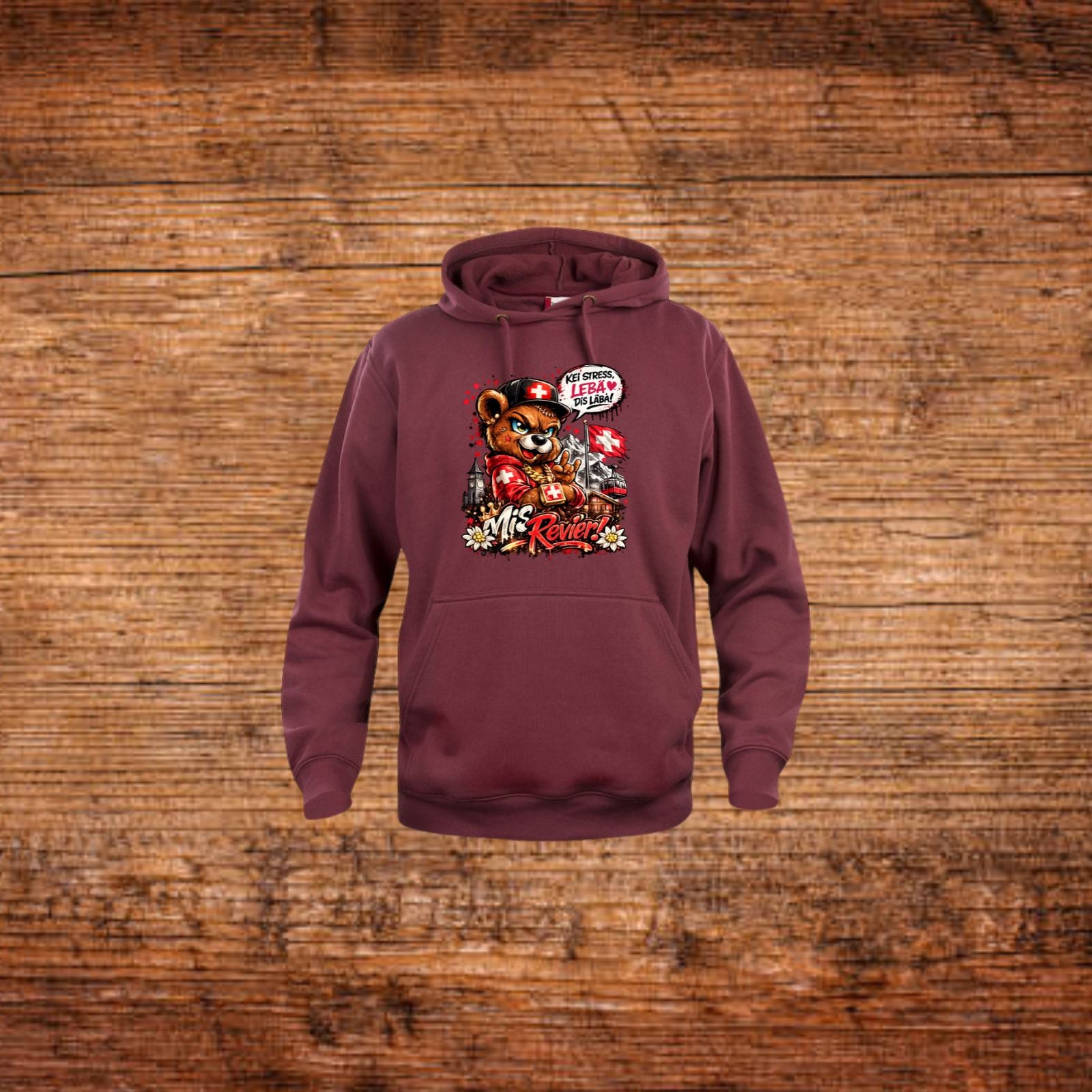 Mis Revier Hoodie mit Bärenmotiv, weinrot, Kapuze und Kängurutasche