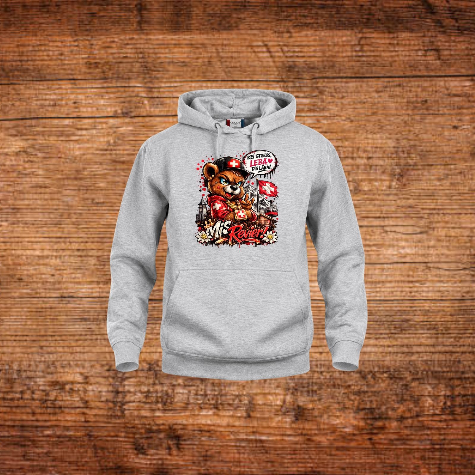 Mis Revier Hoodie mit Bärenmotiv, hellgrau, Kapuze und Kängurutasche