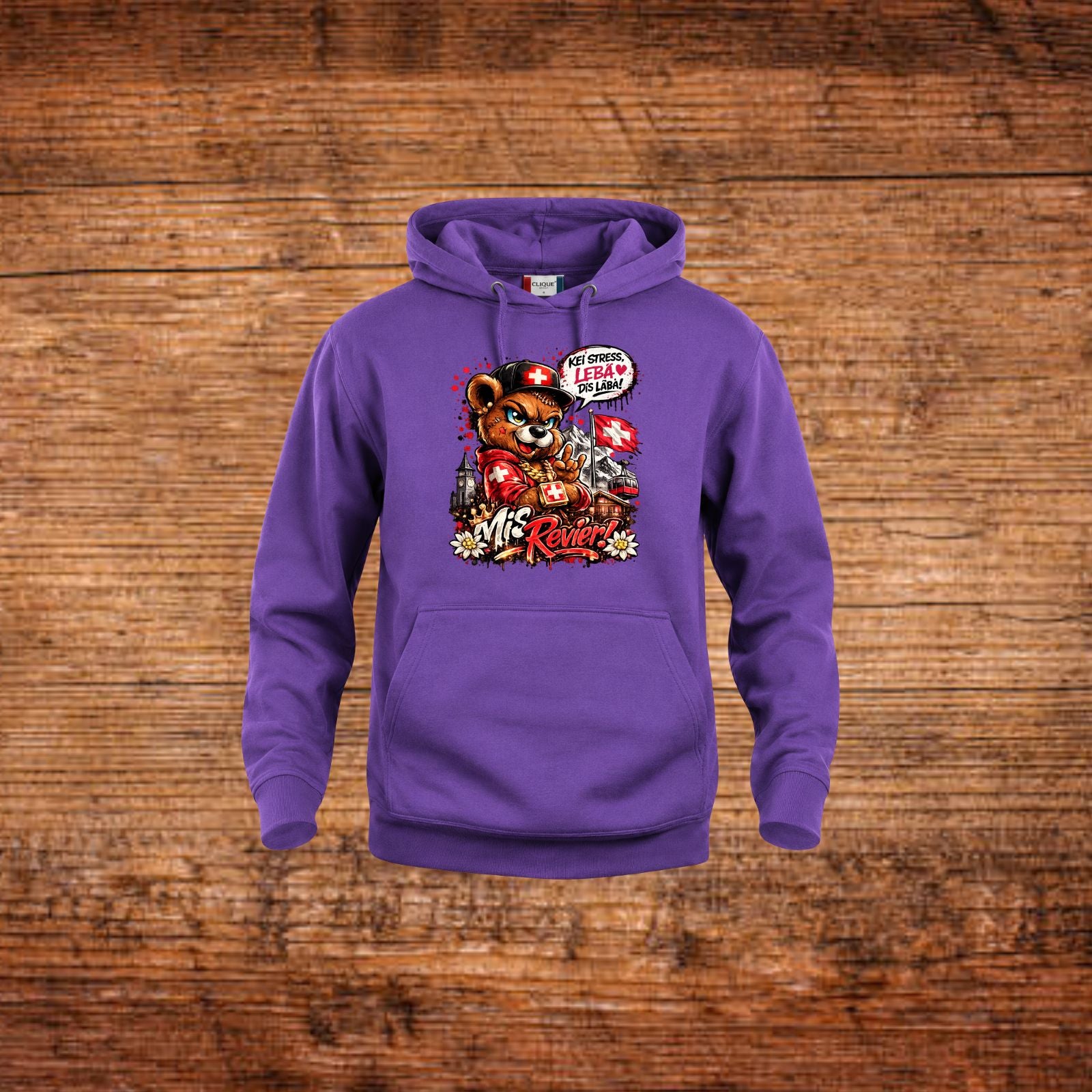 Mis Revier Hoodie mit Bärenmotiv, lila, Kapuze und Kängurutasche