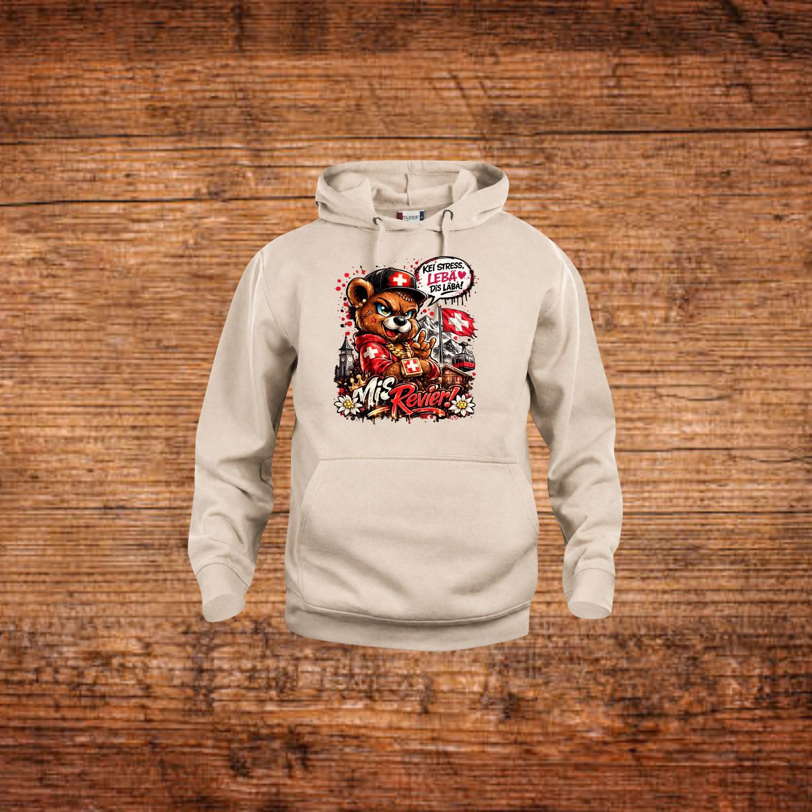 Mis Revier Hoodie mit Bärenmotiv, hellbeige, Kapuze und Kängurutasche