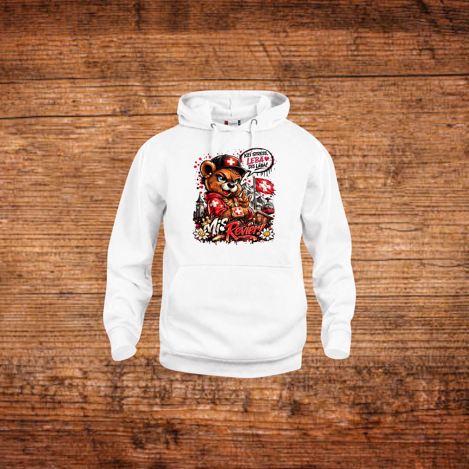 Mis Revier Hoodie mit Bärenmotiv, weiß, Kapuze und Kängurutasche