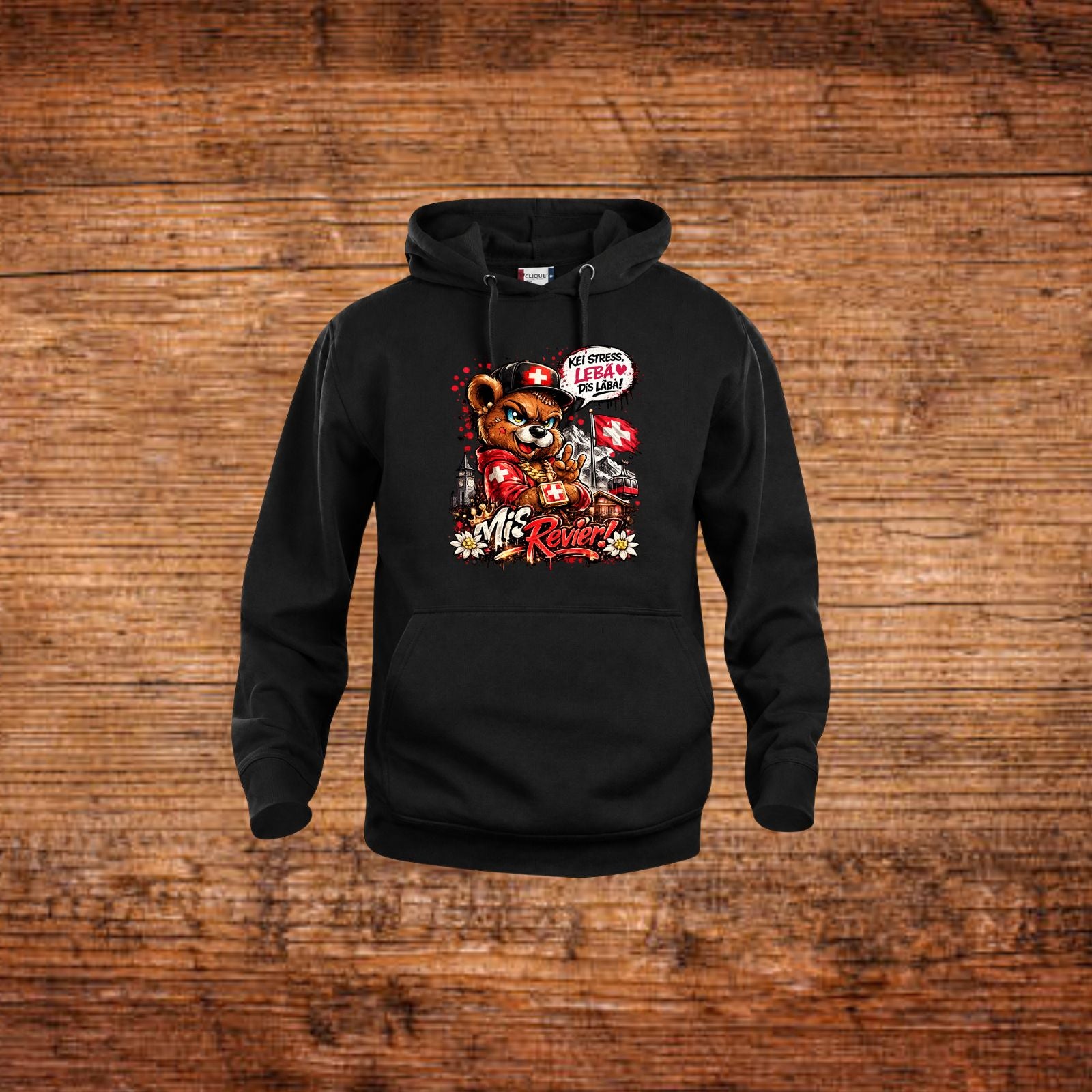 Mis Revier Hoodie mit Bärenmotiv, schwarz, Kapuze und Kängurutasche