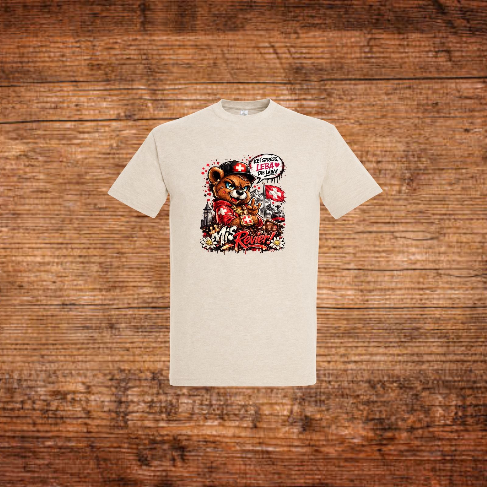 Beiges T-Shirt mit Bären- und Blumenmotiv im Vorderbereich