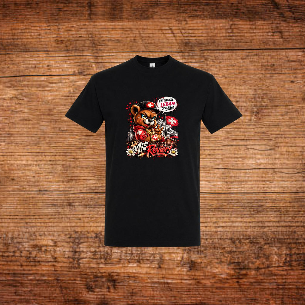 Schwarzes T-Shirt mit Bärenmotiv und Schweizer Kreuz-Emblem im Vorderdruck