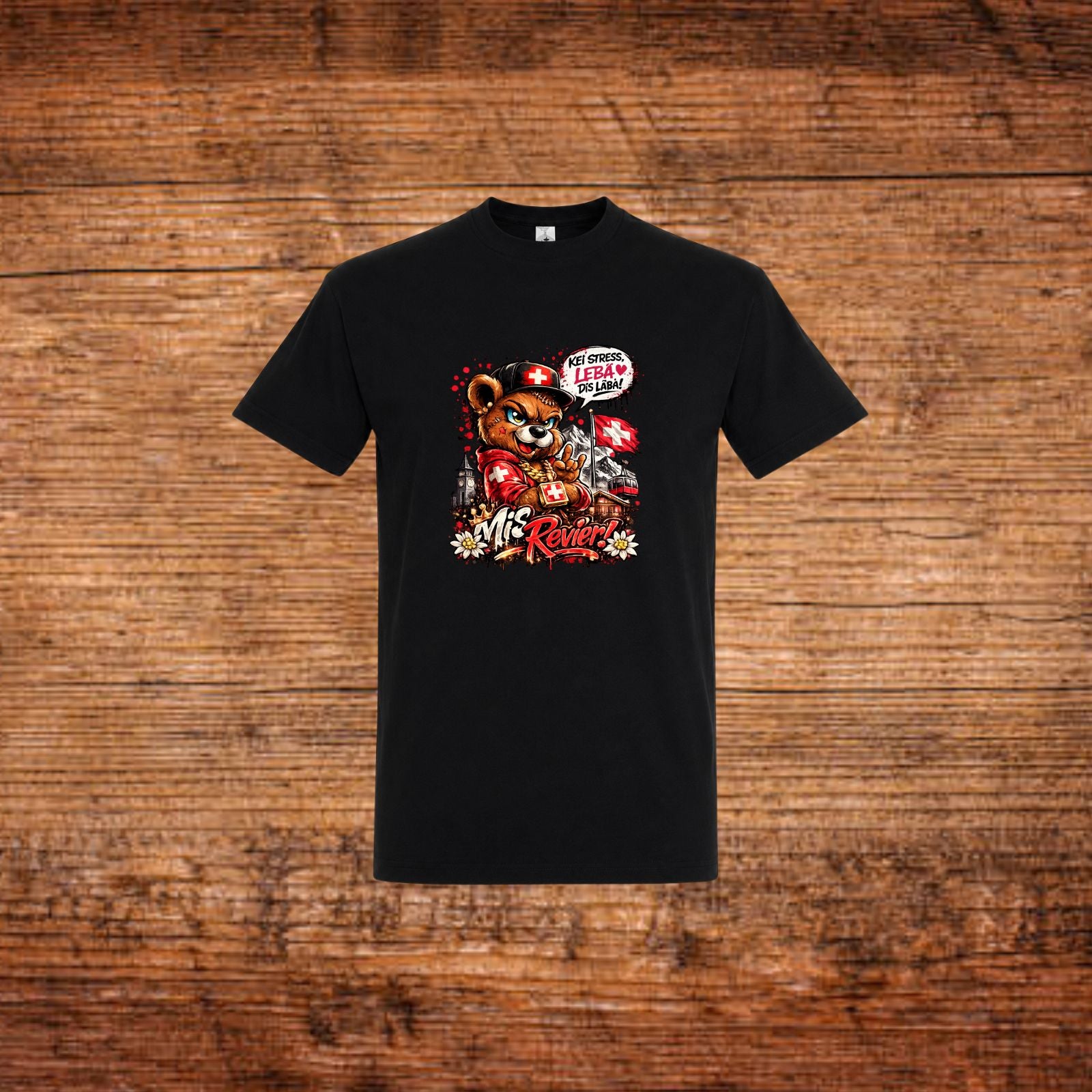 Schwarzes T-Shirt mit Bärenmotiv und Schweizer Kreuz-Emblem im Vorderdruck