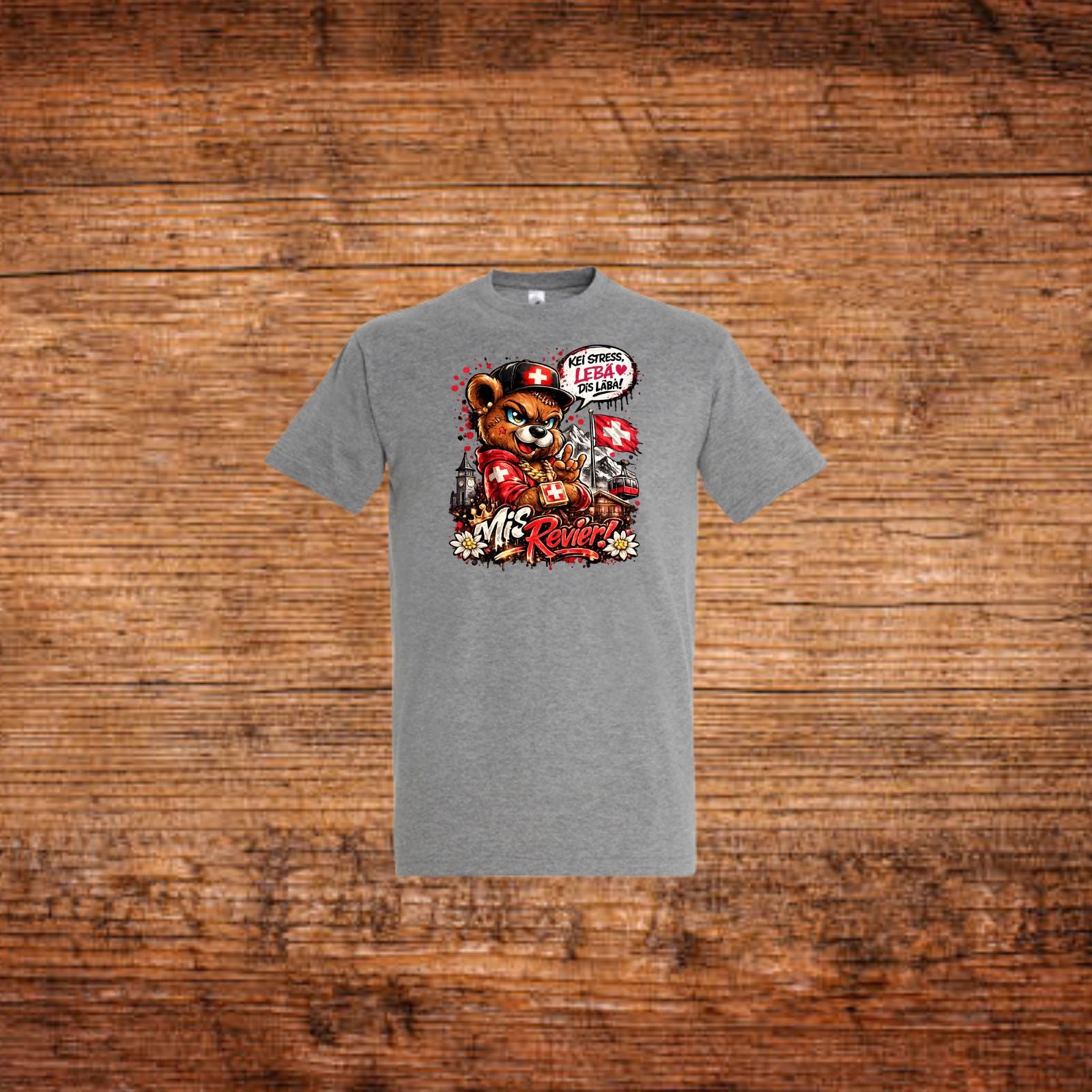Graues T-Shirt mit Bärenmotiv und Schweizerkreuz im Vorderdruck