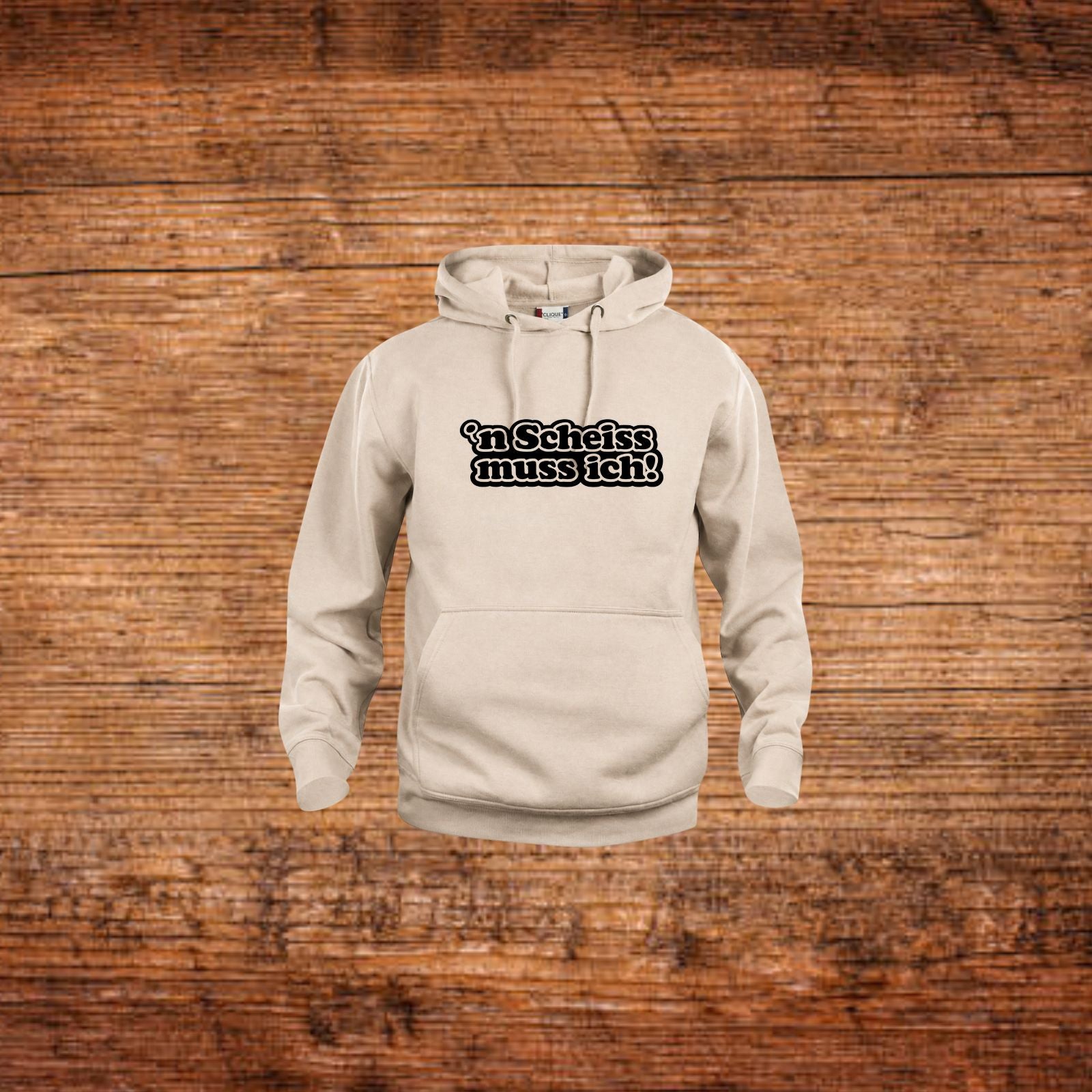 Beiger Kapuzenpullover mit Kordelzug und Frontdruck „n Scheiss muss ich“.