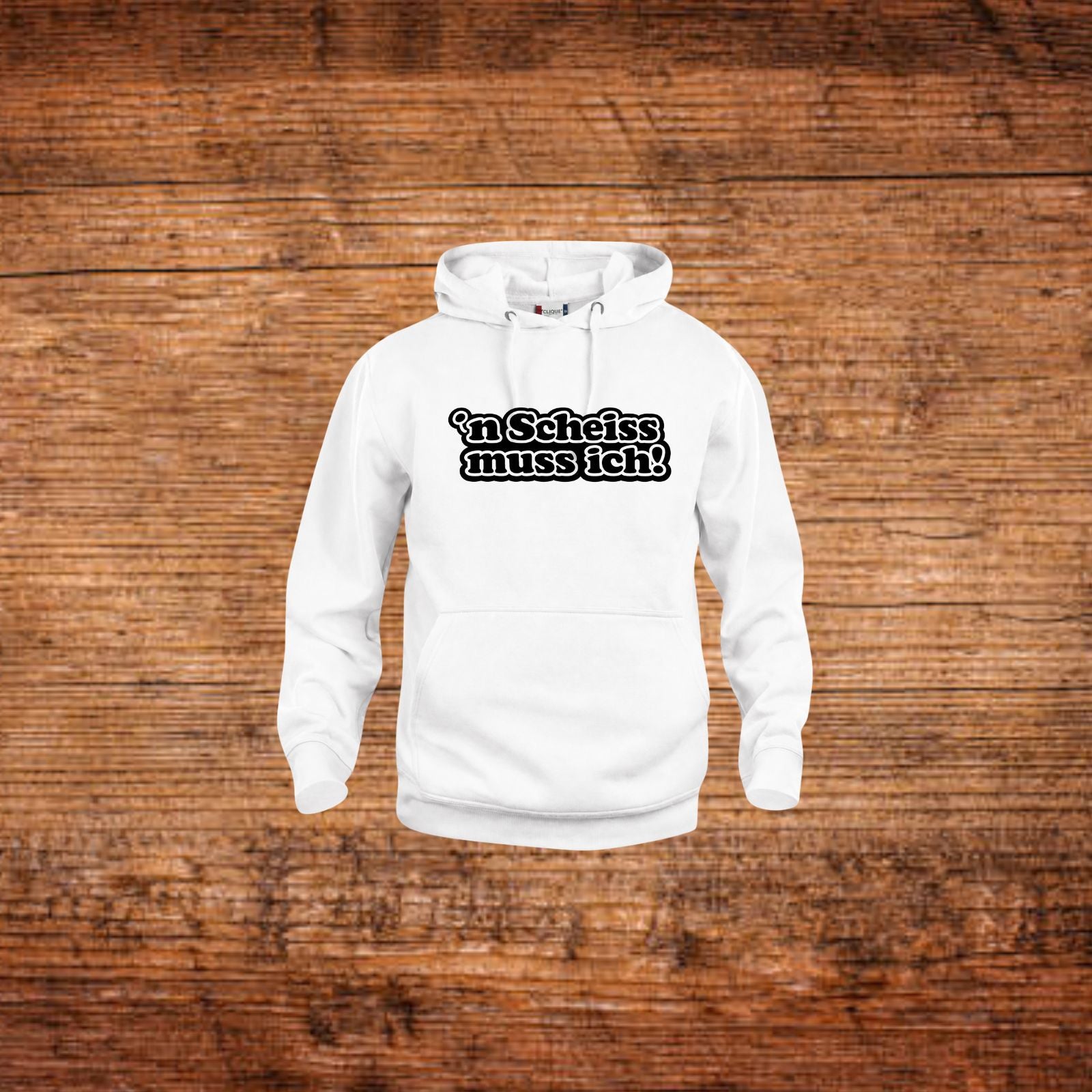 Weiße Hoodie mit Kordelzug und Frontdruck „n Scheiss muss ich“.