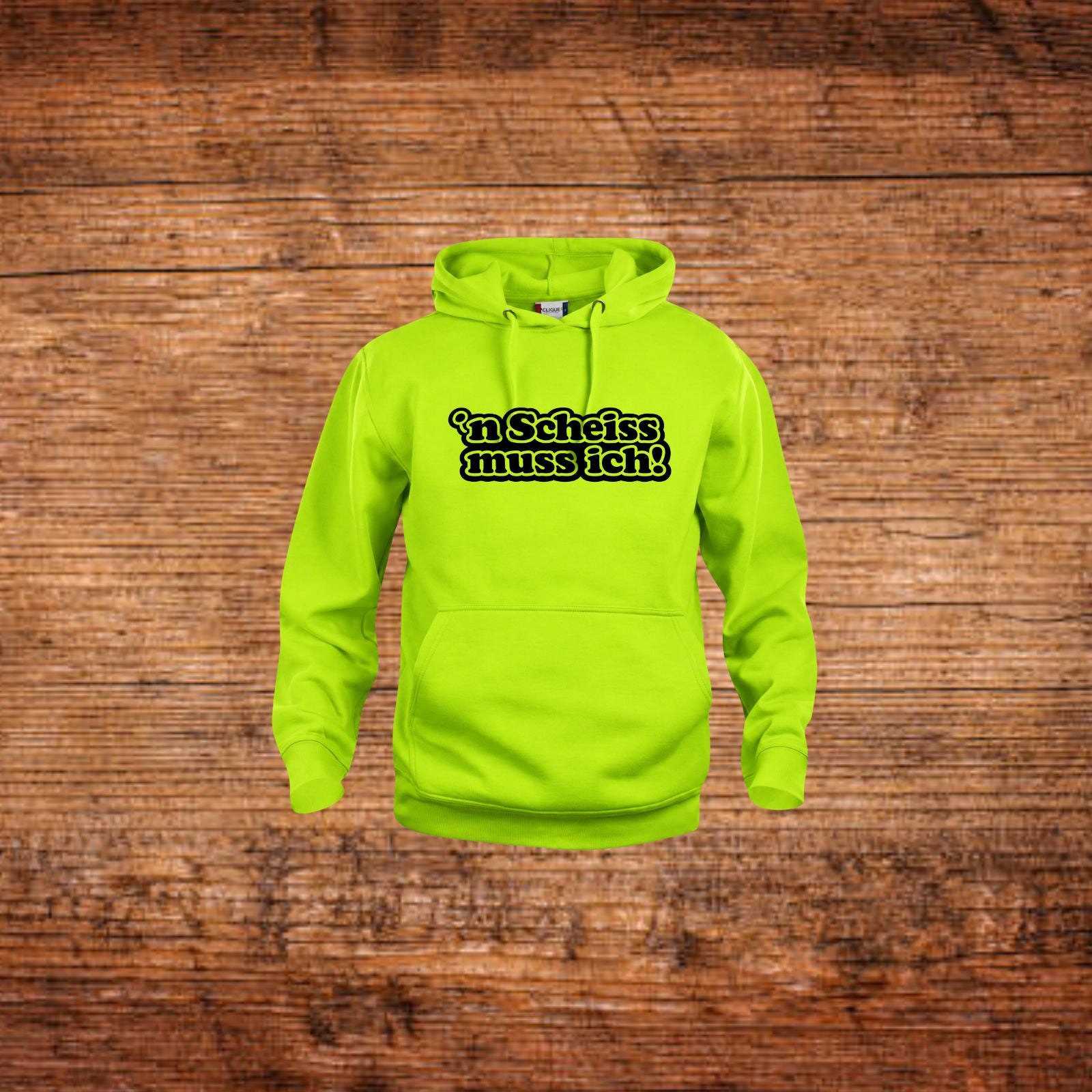 Neongrüner Kapuzenpullover mit Kordelzug und Frontdruck „n Scheiss muss ich“.