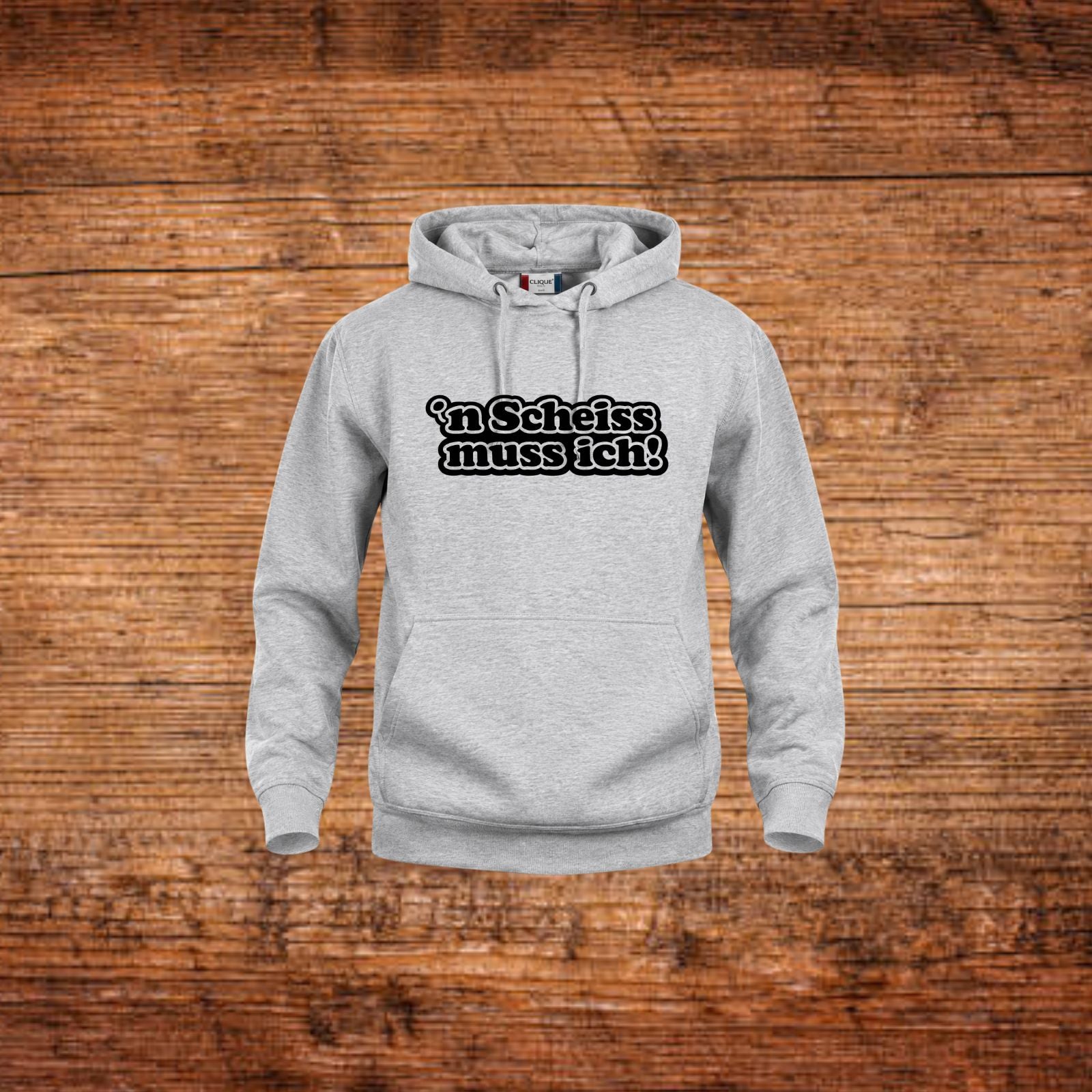 Grauer Kapuzenpullover mit Kordelzug und Frontdruck „n Scheiss muss ich“.
