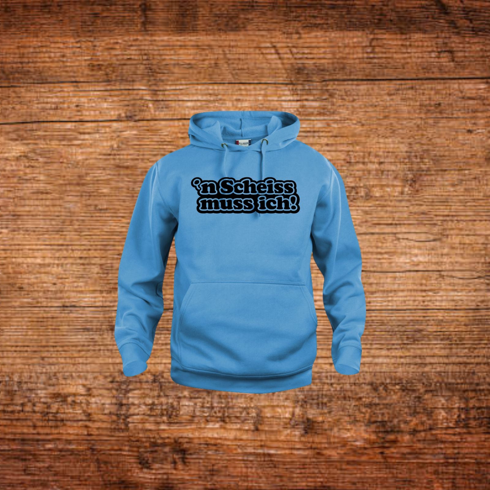 Blauer Kapuzenpullover mit Kordelzug und Frontdruck „n Scheiss muss ich“.