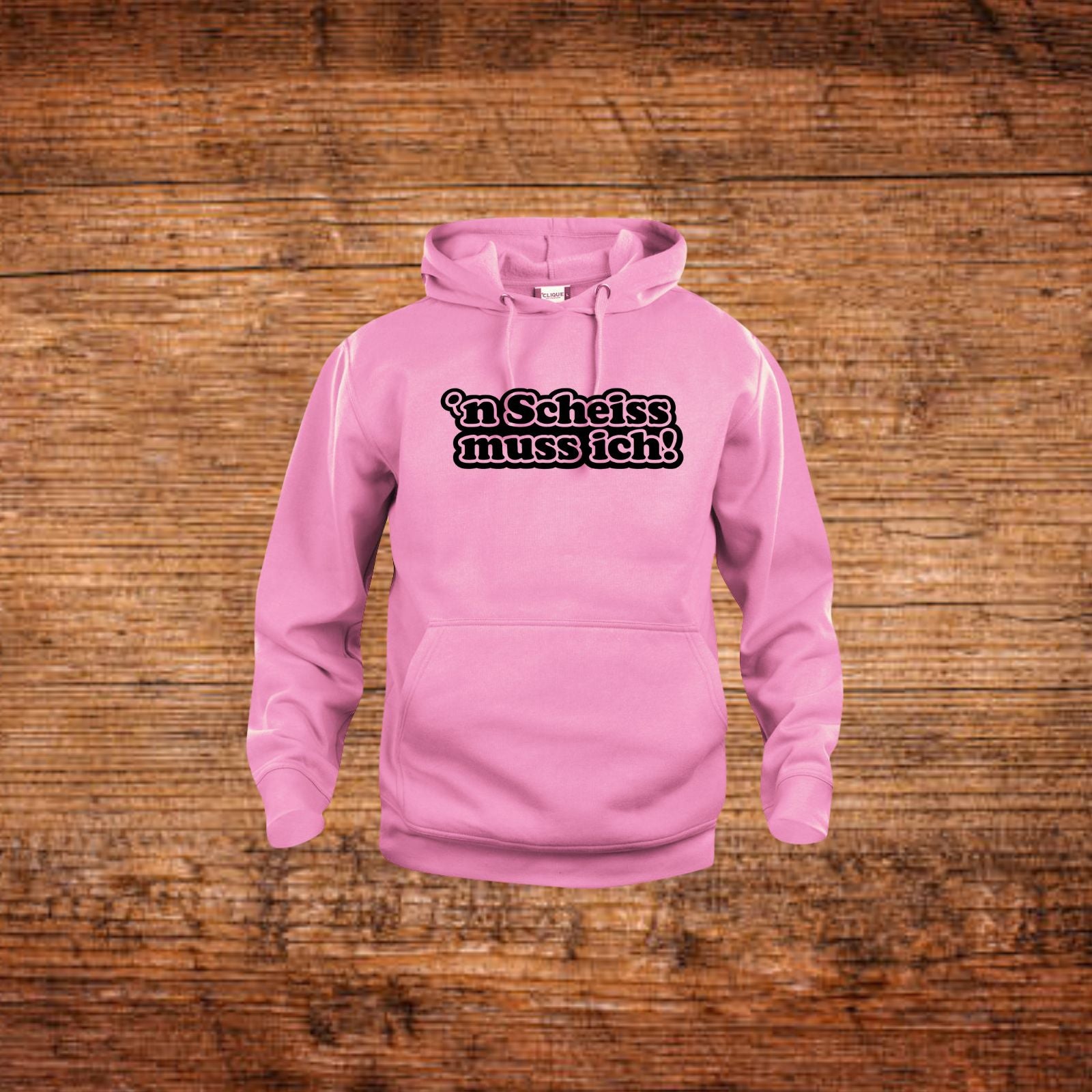 Rosa Kapuzenpullover mit Kordelzug und Frontdruck „n Scheiss muss ich“.