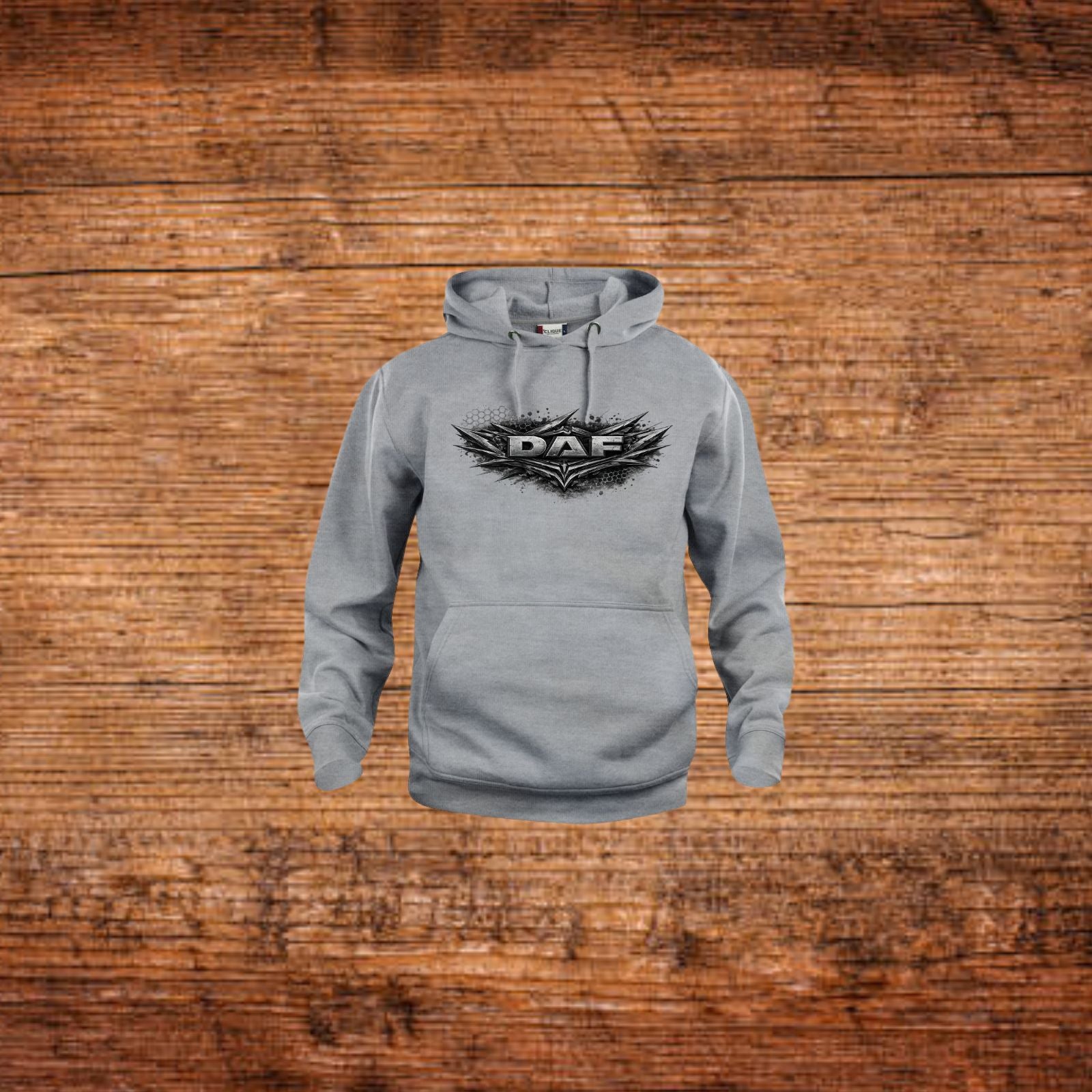 Grau­er Kapuzenpullover mit Kängurutasche und DAF Brustprint, verstellbarer Kordel