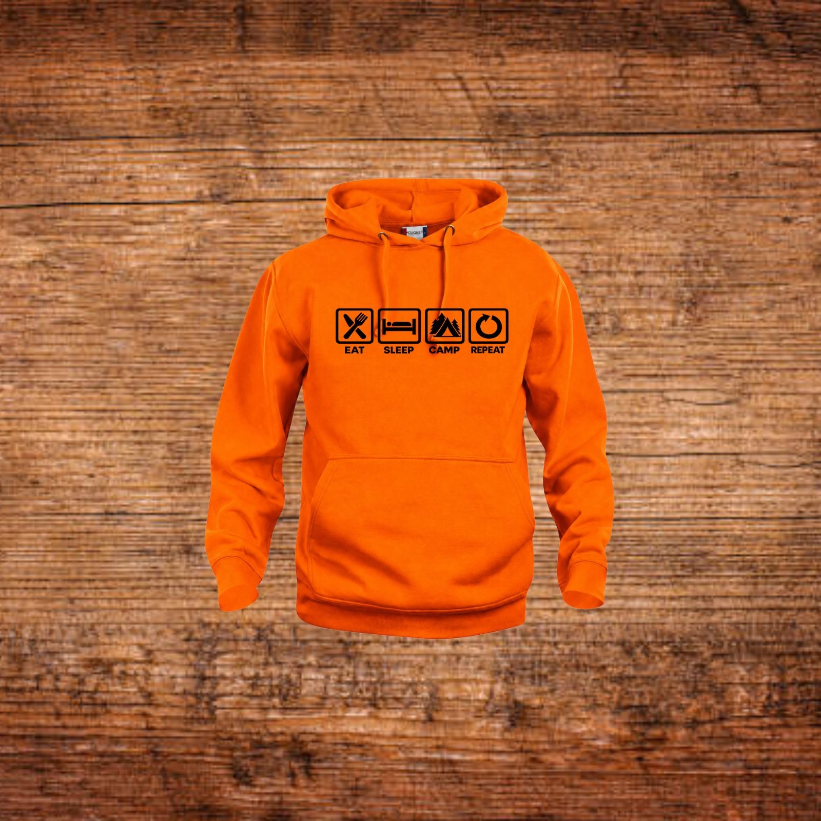 Orange Kapuzenpulli mit Kängurutasche und Frontprint, Kordelzug