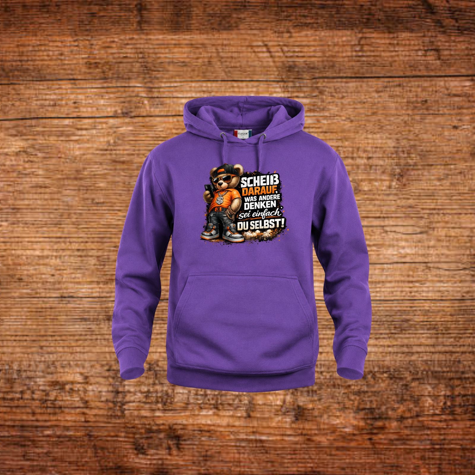 Lila Hoodie mit Bären-Frontprint, Kängurutasche und Kapuze mit Kordel