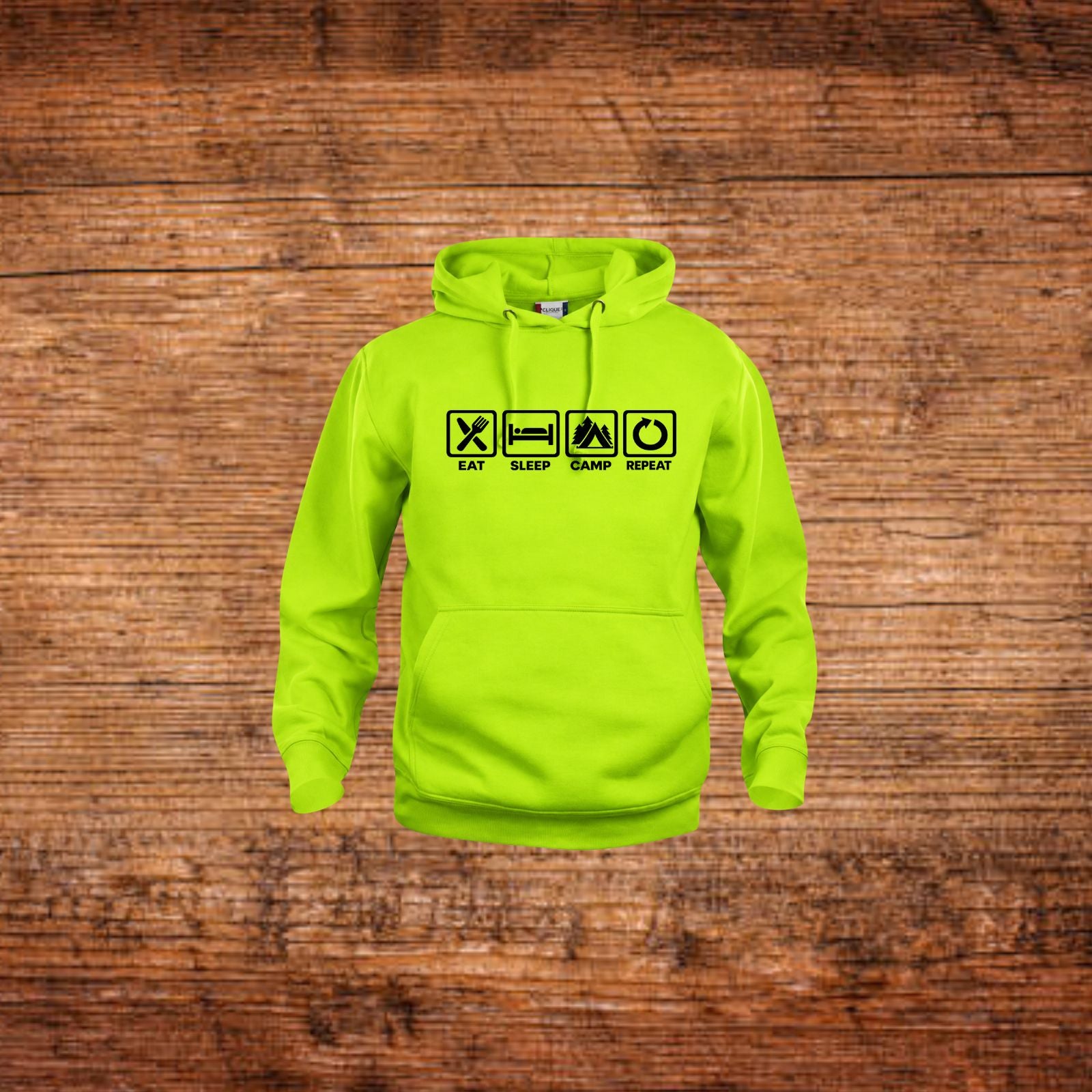 Neon-grüner Kapuzenpulli mit Kängurutasche und Frontprint, Kordelzug