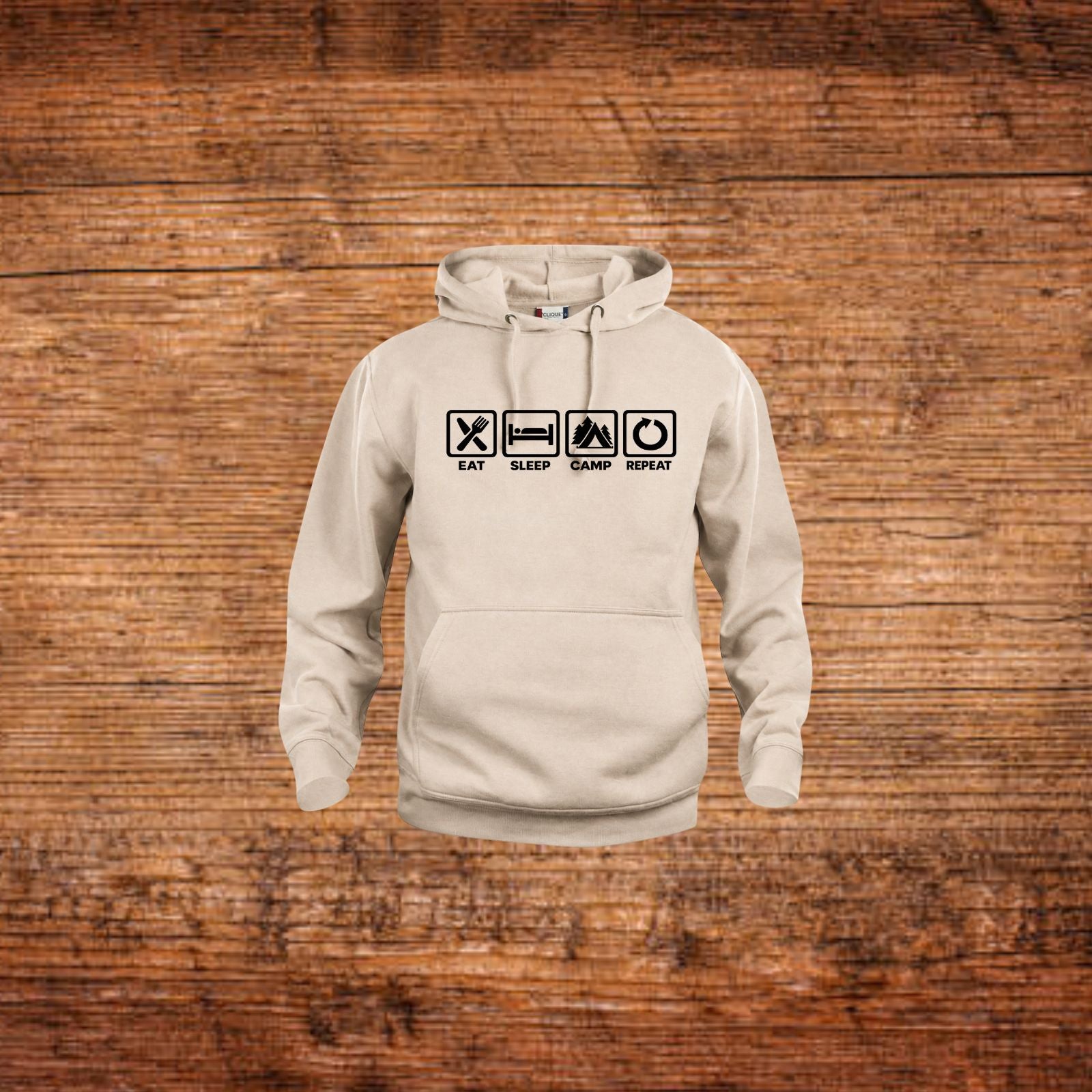 Beiger Kapuzenpulli mit Kängurutasche und Frontprint, Kordelzug