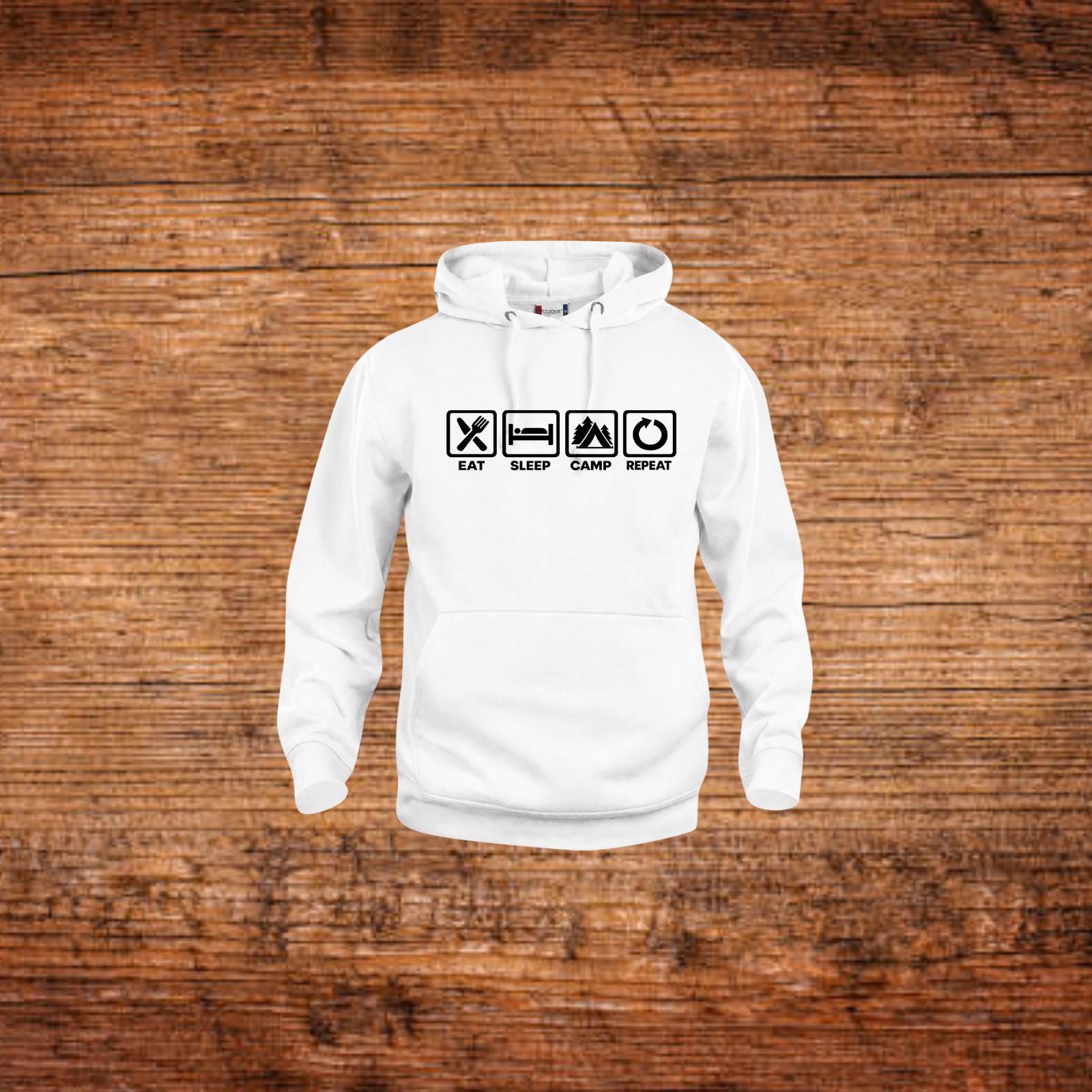 Weißer Kapuzenpulli mit Kängurutasche und Frontprint, Kordelzug