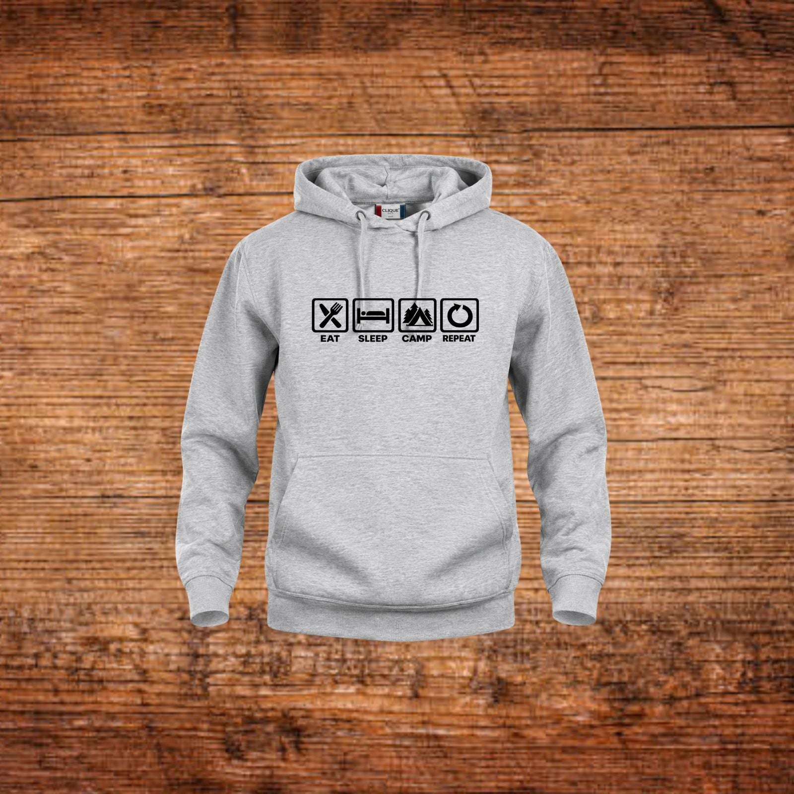 Grauer Kapuzenpulli mit Kängurutasche und Frontprint, Kordelzug