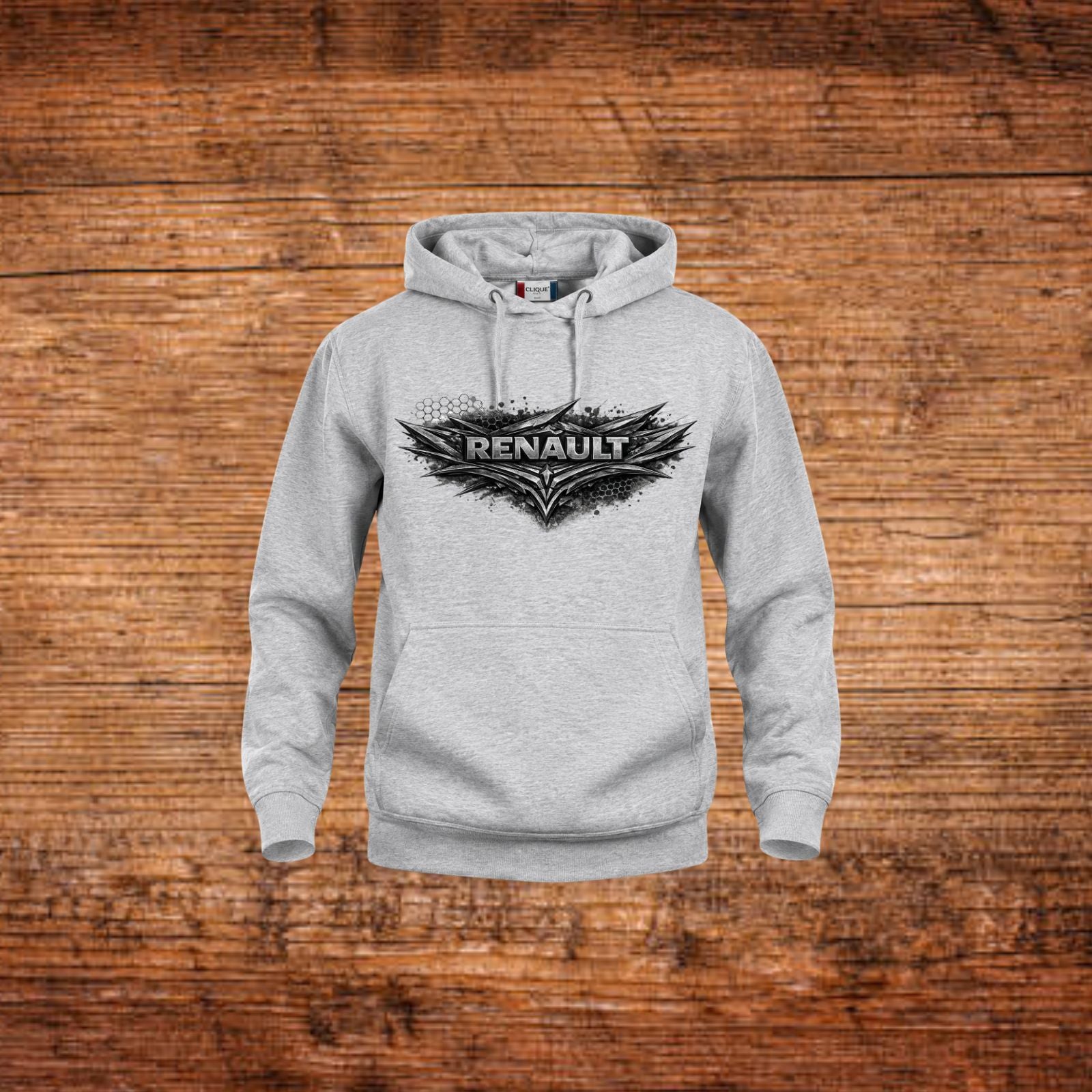 Grau melierter Kapuzenpullover mit Renault Logo auf der Brust und Kängurutasche