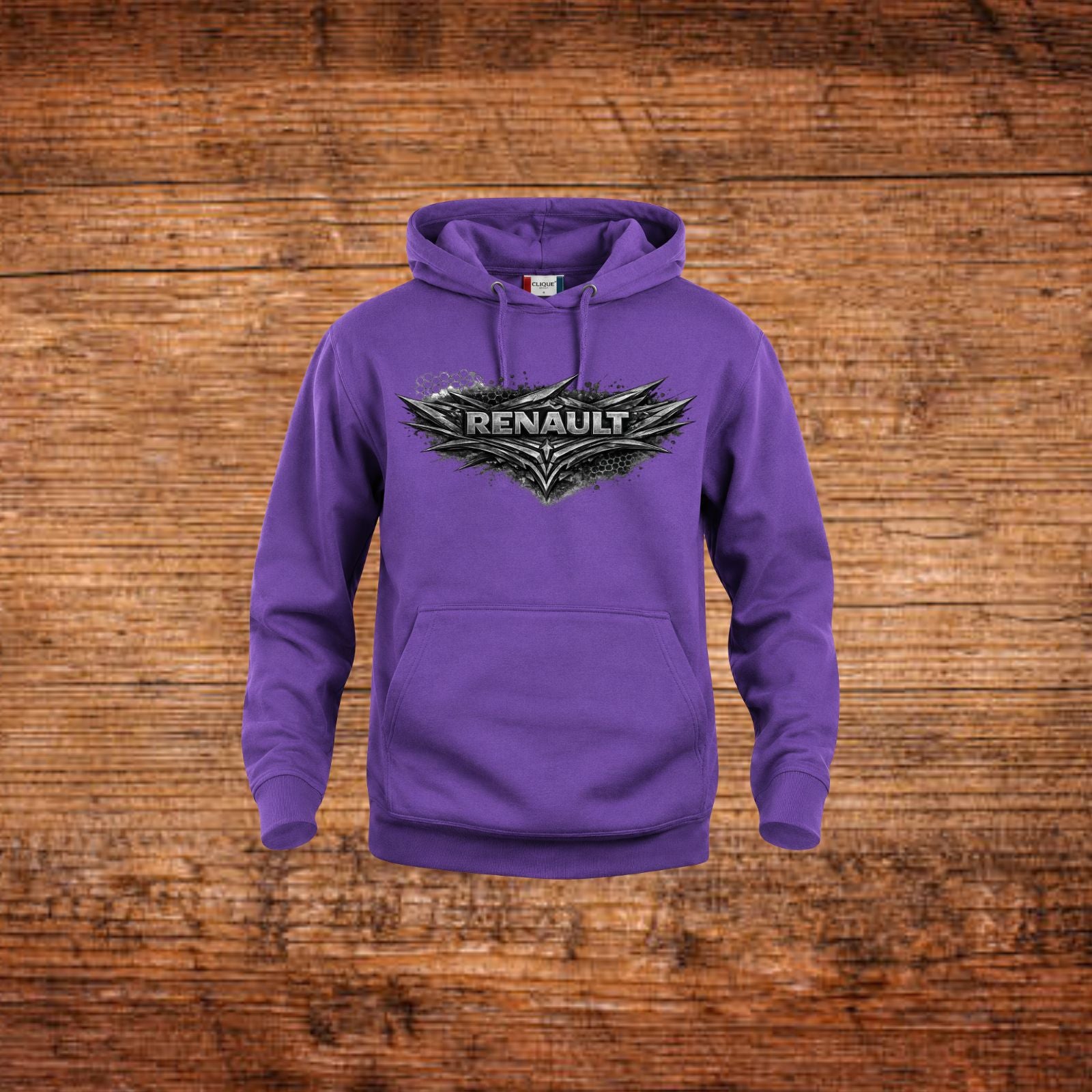 Lila Kapuzenpullover mit Renault Logo auf der Brust und Kängurutasche