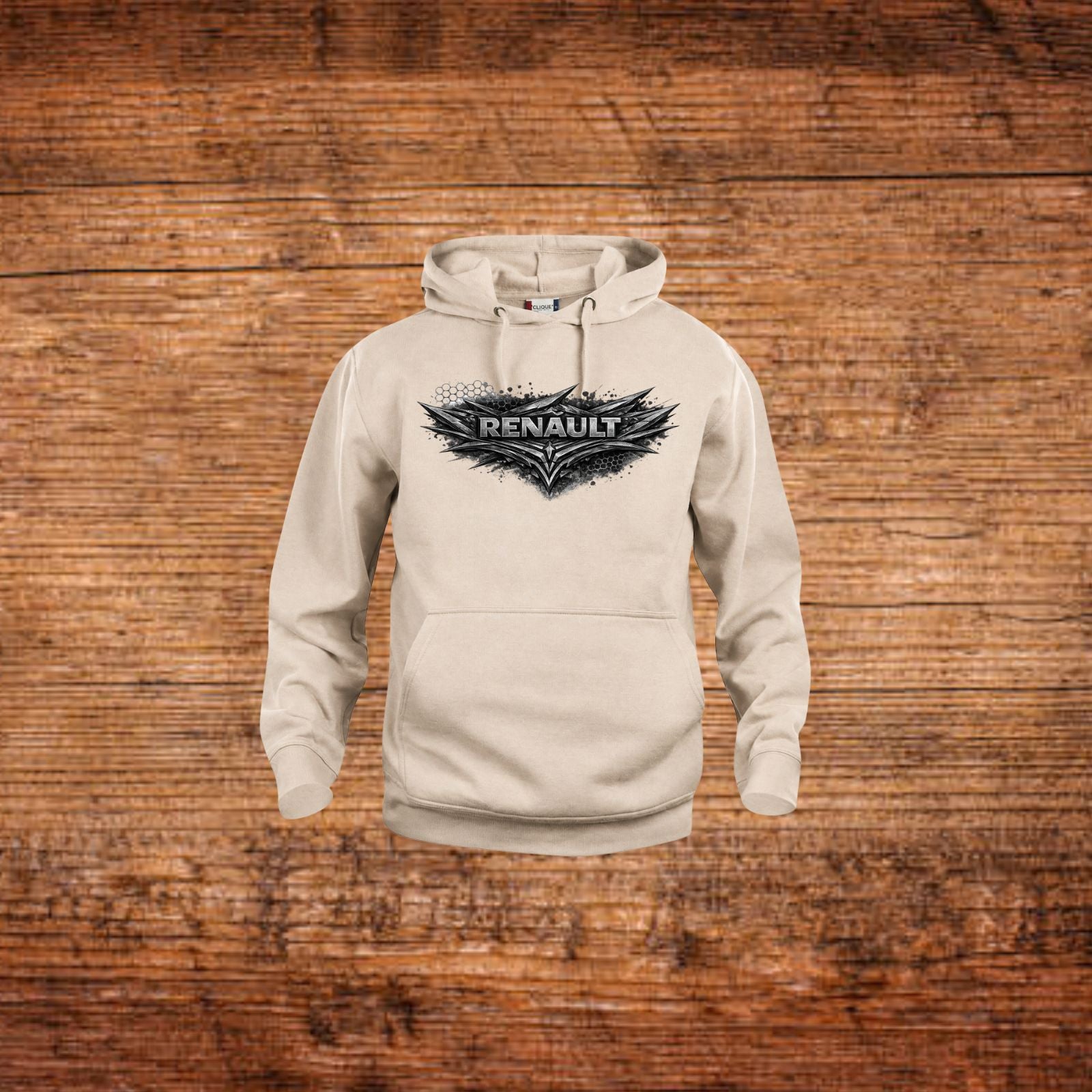 Beiger Kapuzenpullover mit Renault Logo auf der Brust und Kängurutasche