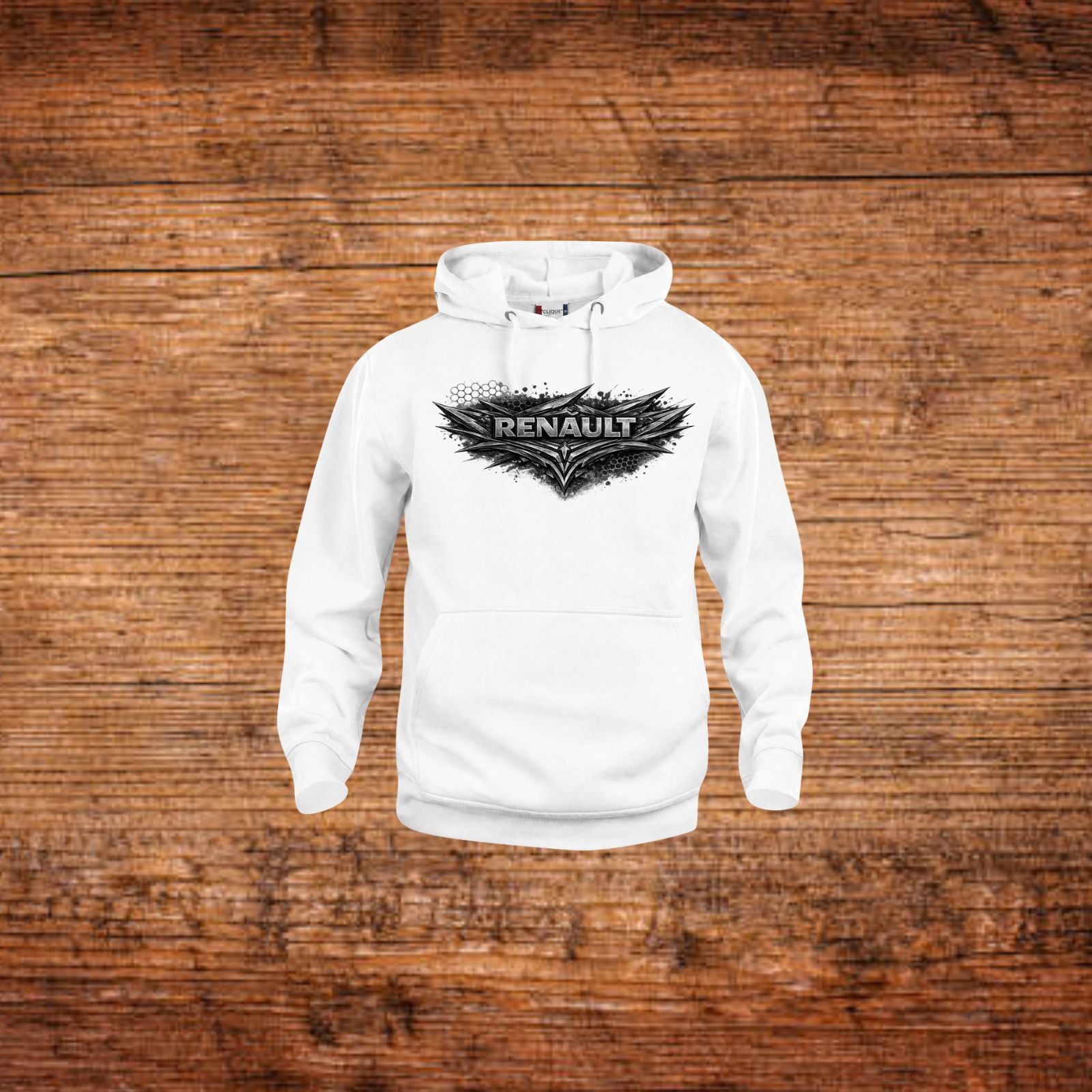 Weißer Kapuzenpullover mit Renault Logo auf der Brust und Kängurutasche