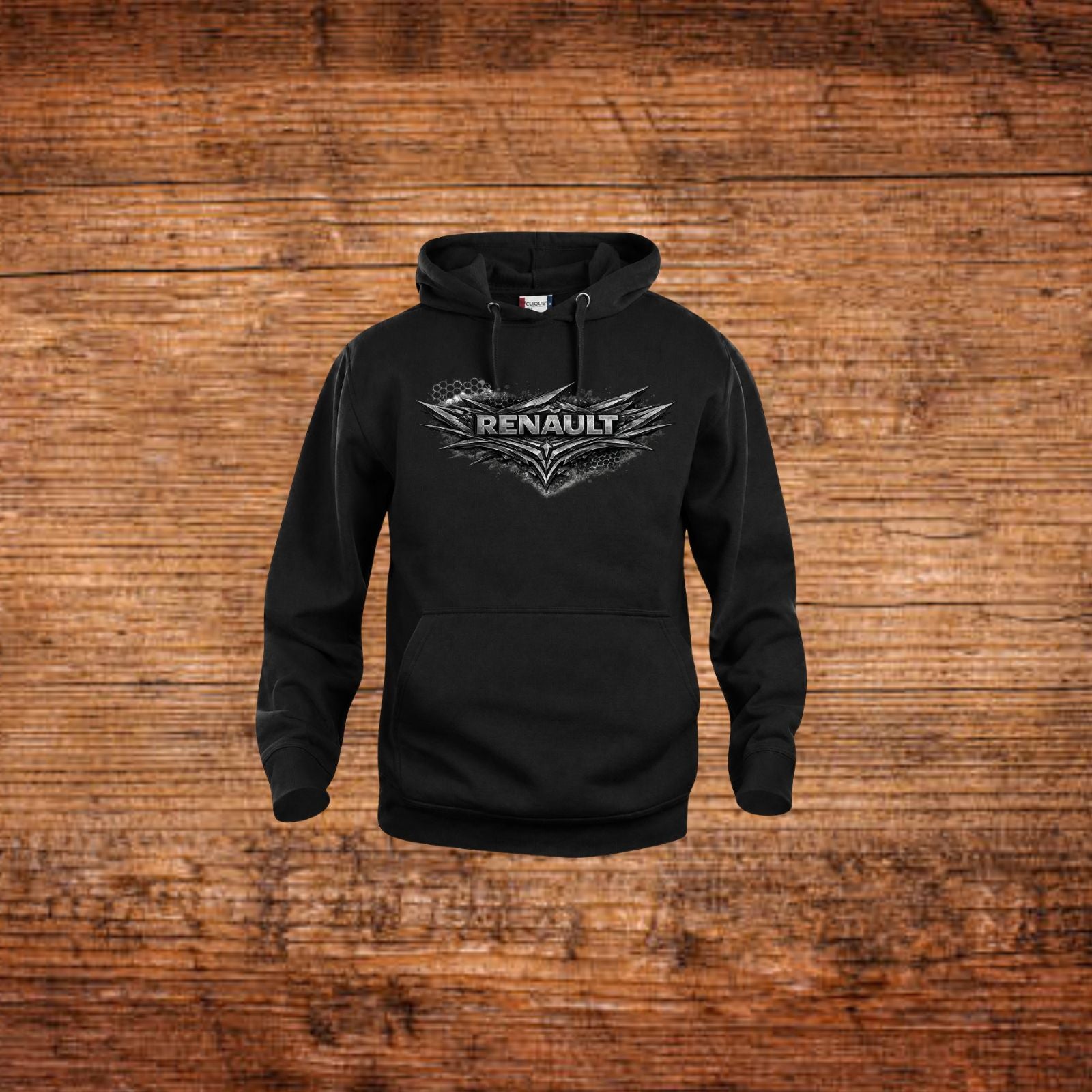 Schwarzer Kapuzenpullover mit Renault Logo auf der Brust und Kängurutasche