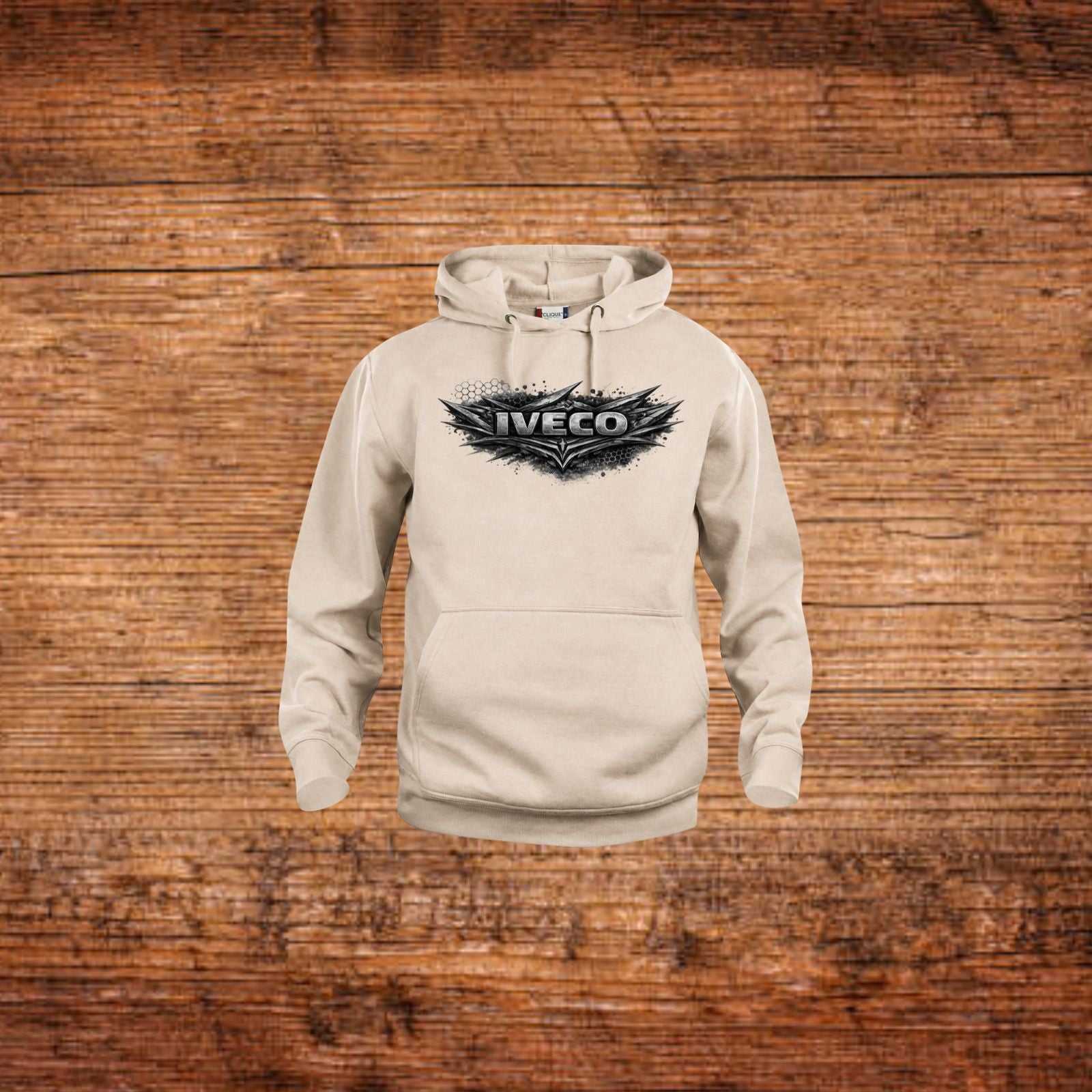 Beiger Kapuzenpullover mit IVECO-Frontdruck, Kängurutasche und Kordelzug