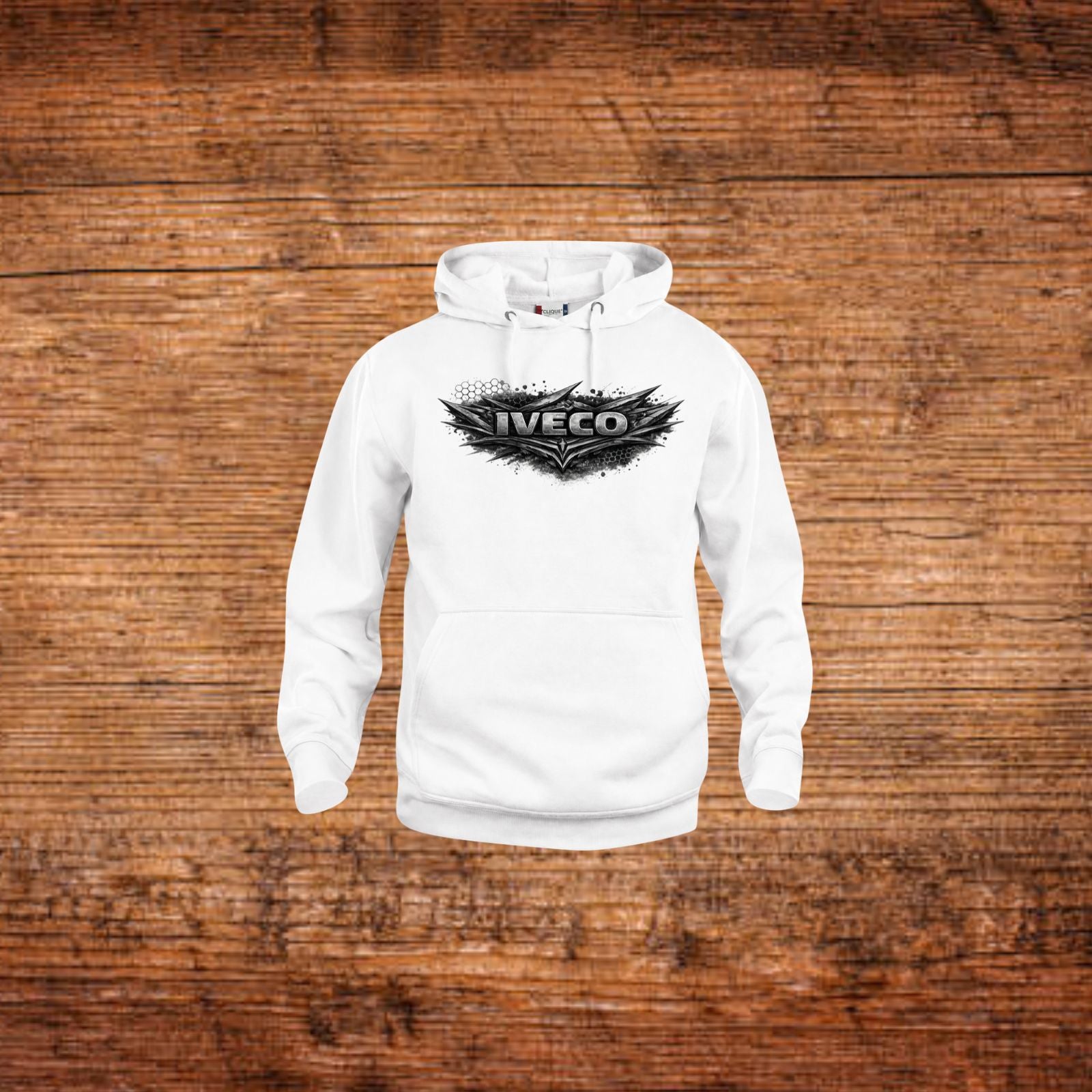 Weißer Kapuzenpullover mit IVECO-Frontdruck, Kängurutasche und Kordelzug