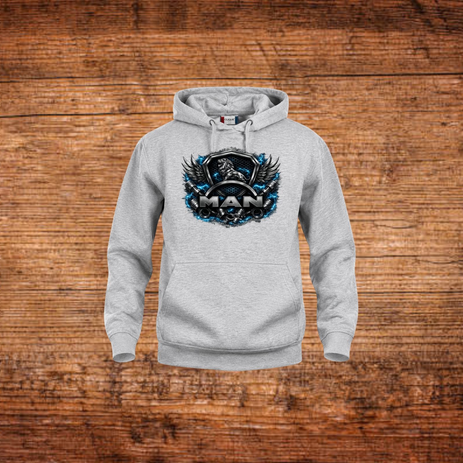 Grauer Kapuzenpullover mit MAN-Löwen-Schild-Print vorn