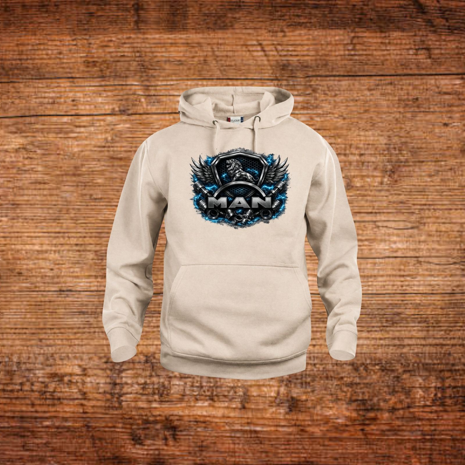 Beiger Kapuzenpullover mit MAN-Löwen-Schild-Print vorn