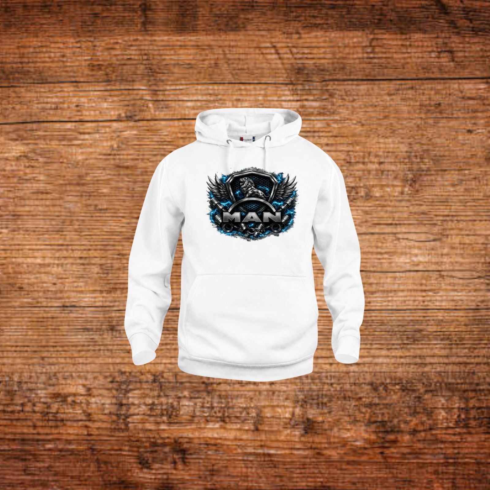 Weißer Kapuzenpullover mit MAN-Löwen-Schild-Print auf der Brust