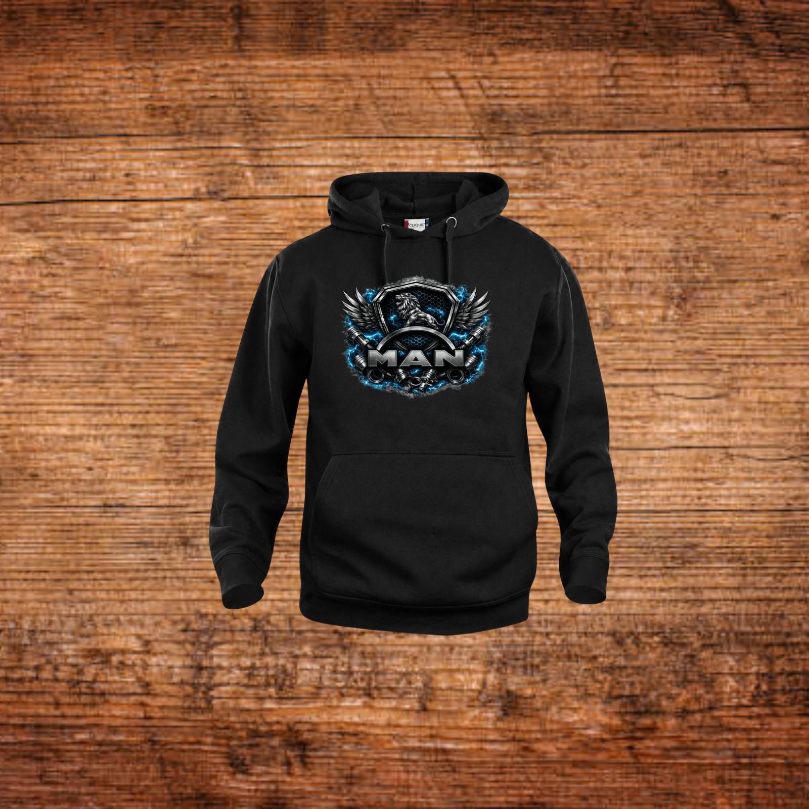 Schwarzer Kapuzenpullover mit MAN-Löwen-Schild-Print auf der Vorderseite