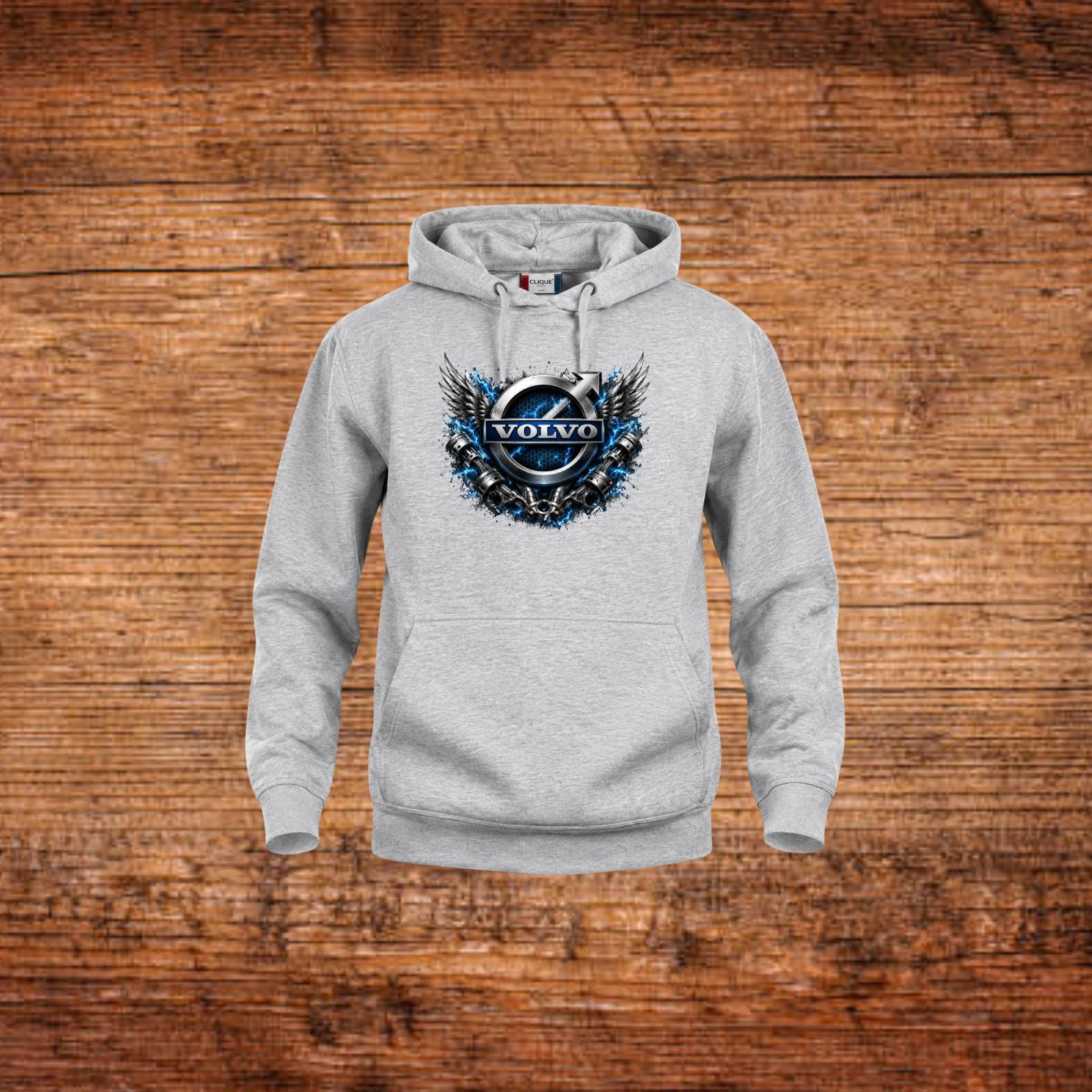 Grauer Kapuzenpullover mit Volvo-Flügel-Logo vorne