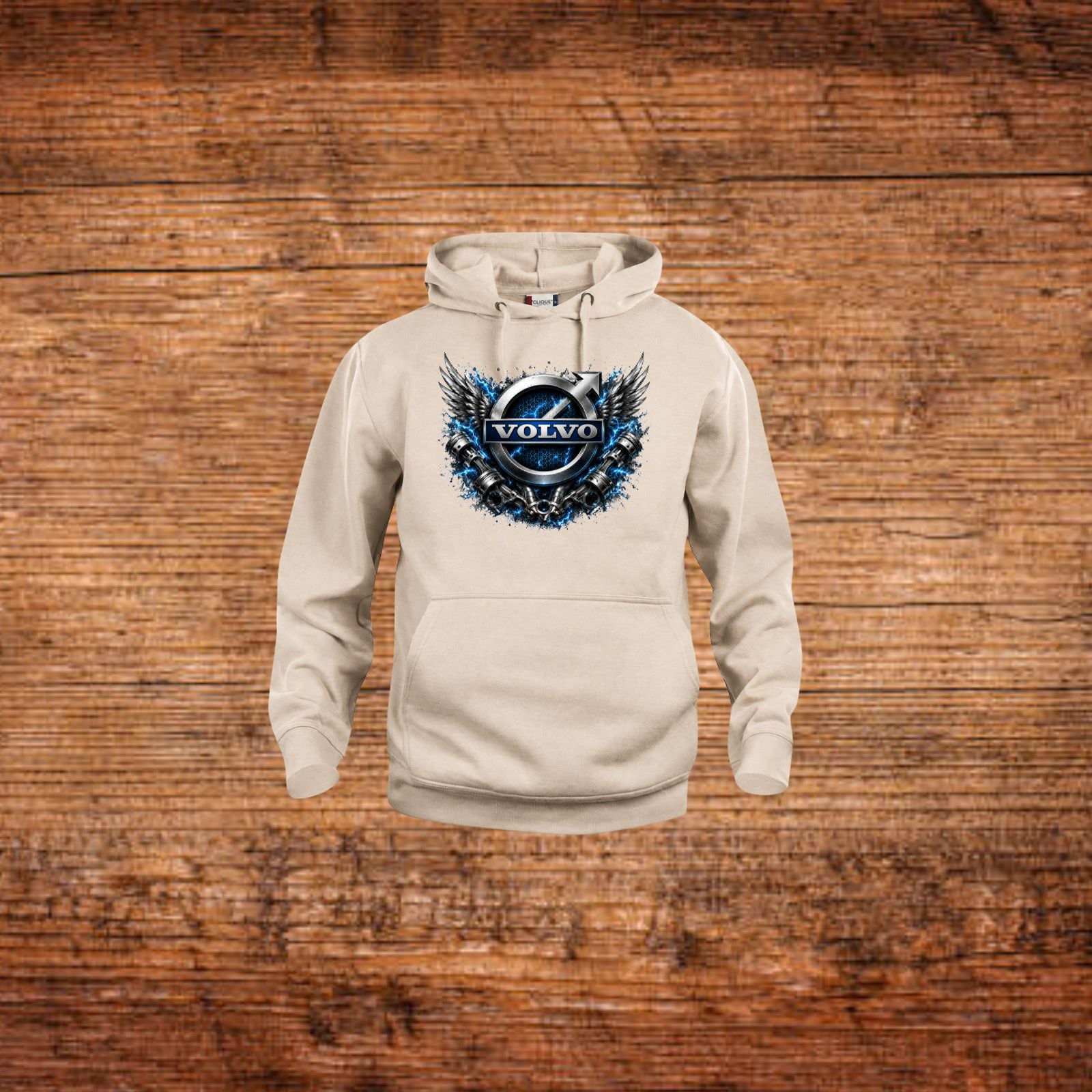 Beiger Kapuzenpullover mit Volvo-Flügel-Logo vorne
