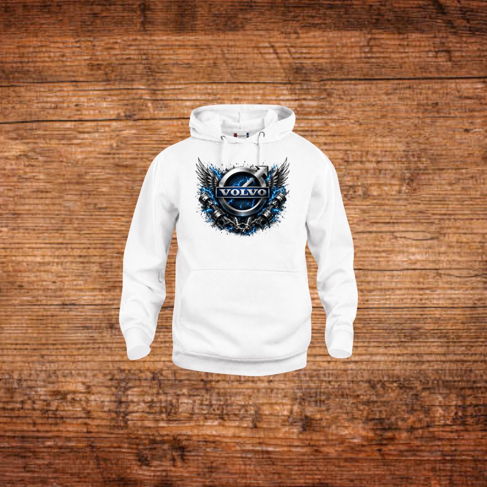 Weißer Kapuzenpullover mit Volvo-Flügel-Logo vorne