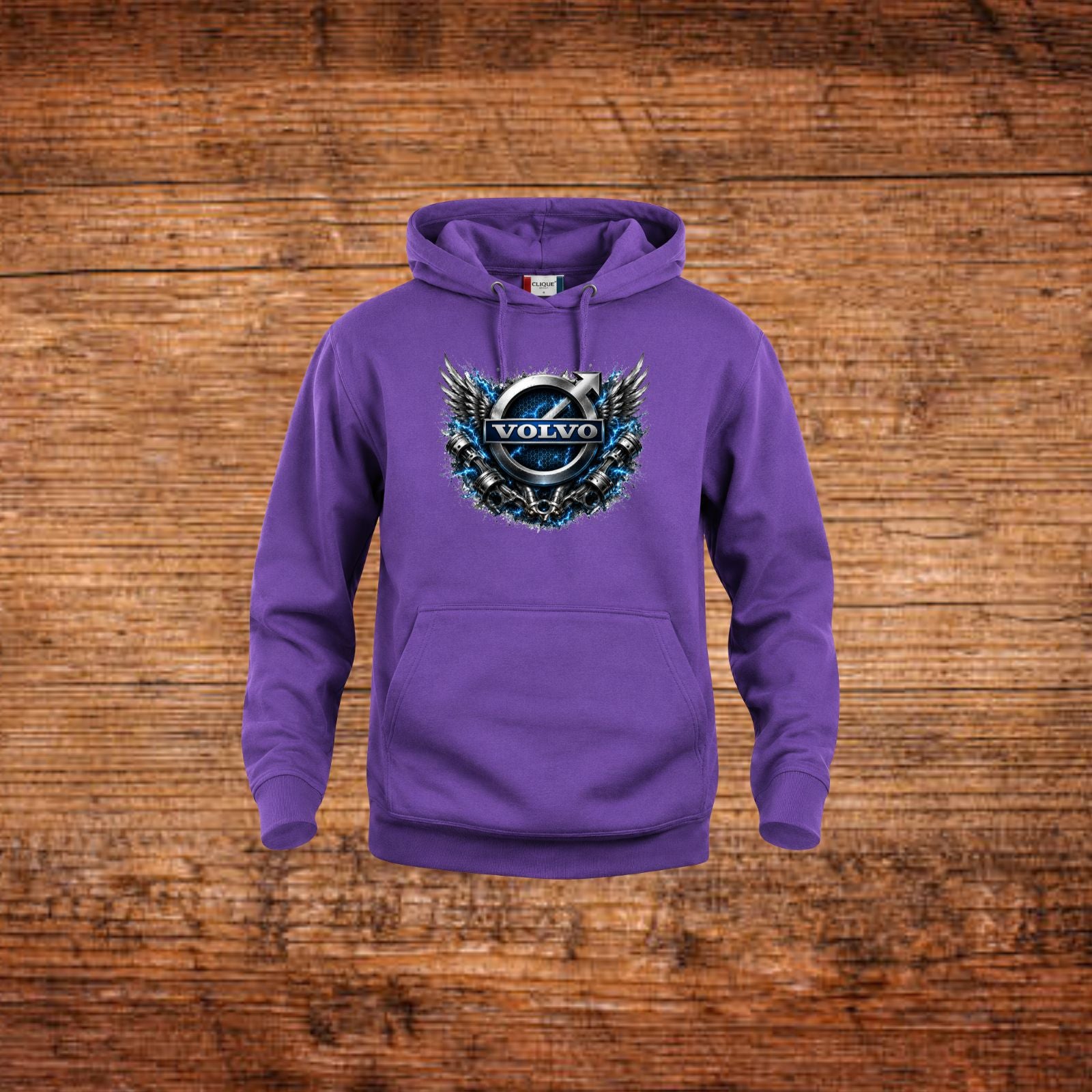 Lila Kapuzenpullover mit Volvo-Flügel-Logo vorne
